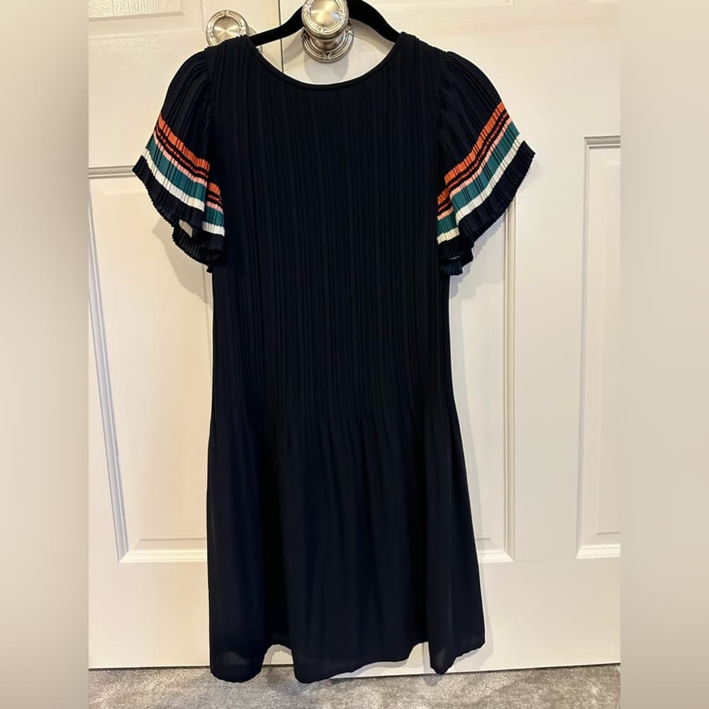Maje Rolini Pleated Mini Dress Navy Stripe Flutter Sleeves Size 1/Small - Thumbnail 4