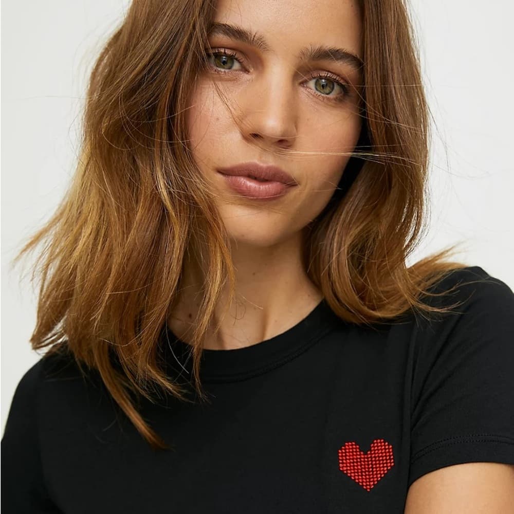 Sunday Best Black Tshirt with Embroidered Red Heart Detail - Thumbnail 2
