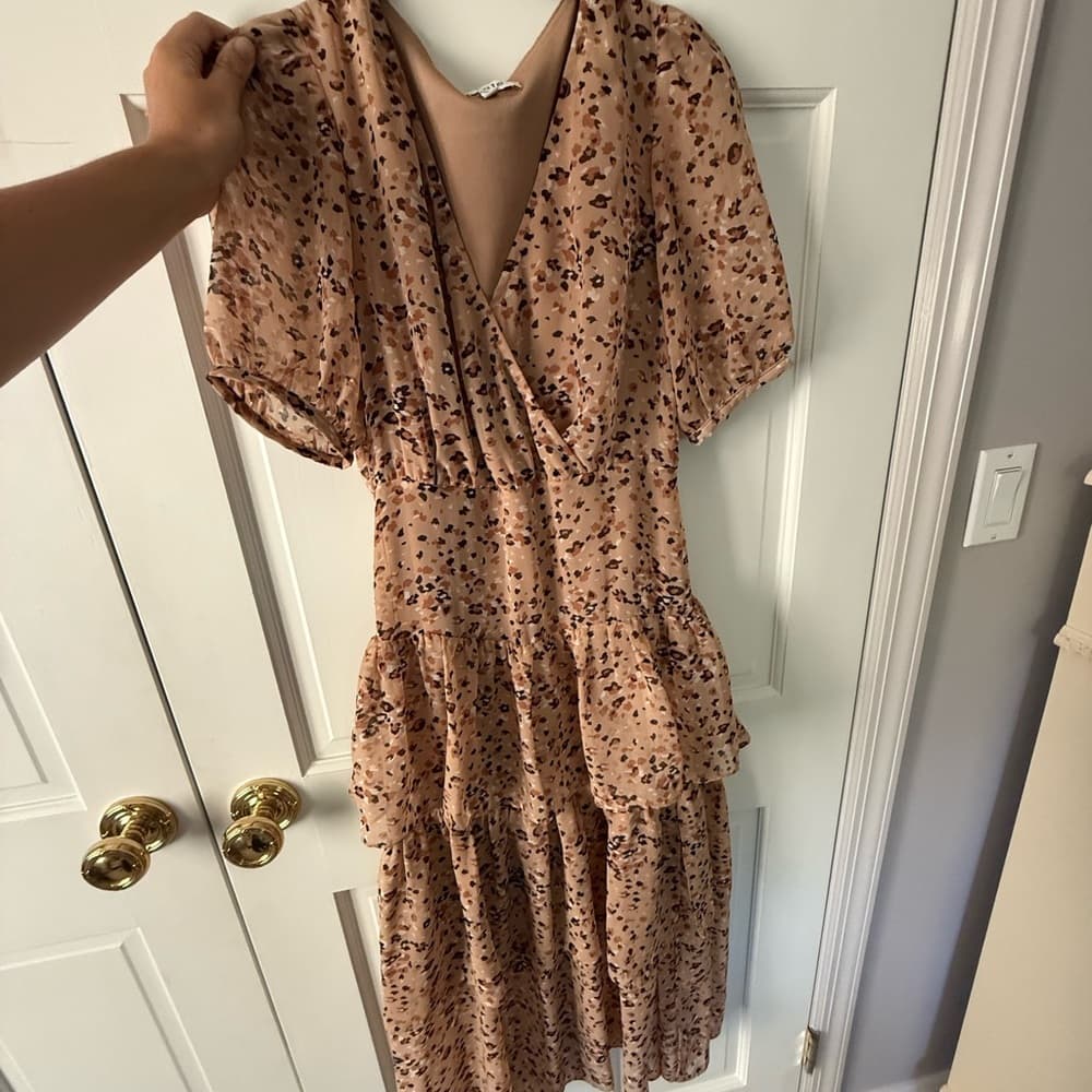 Fate Brown and Cream Tiered Midi Sundress with V-Neck - Thumbnail 4