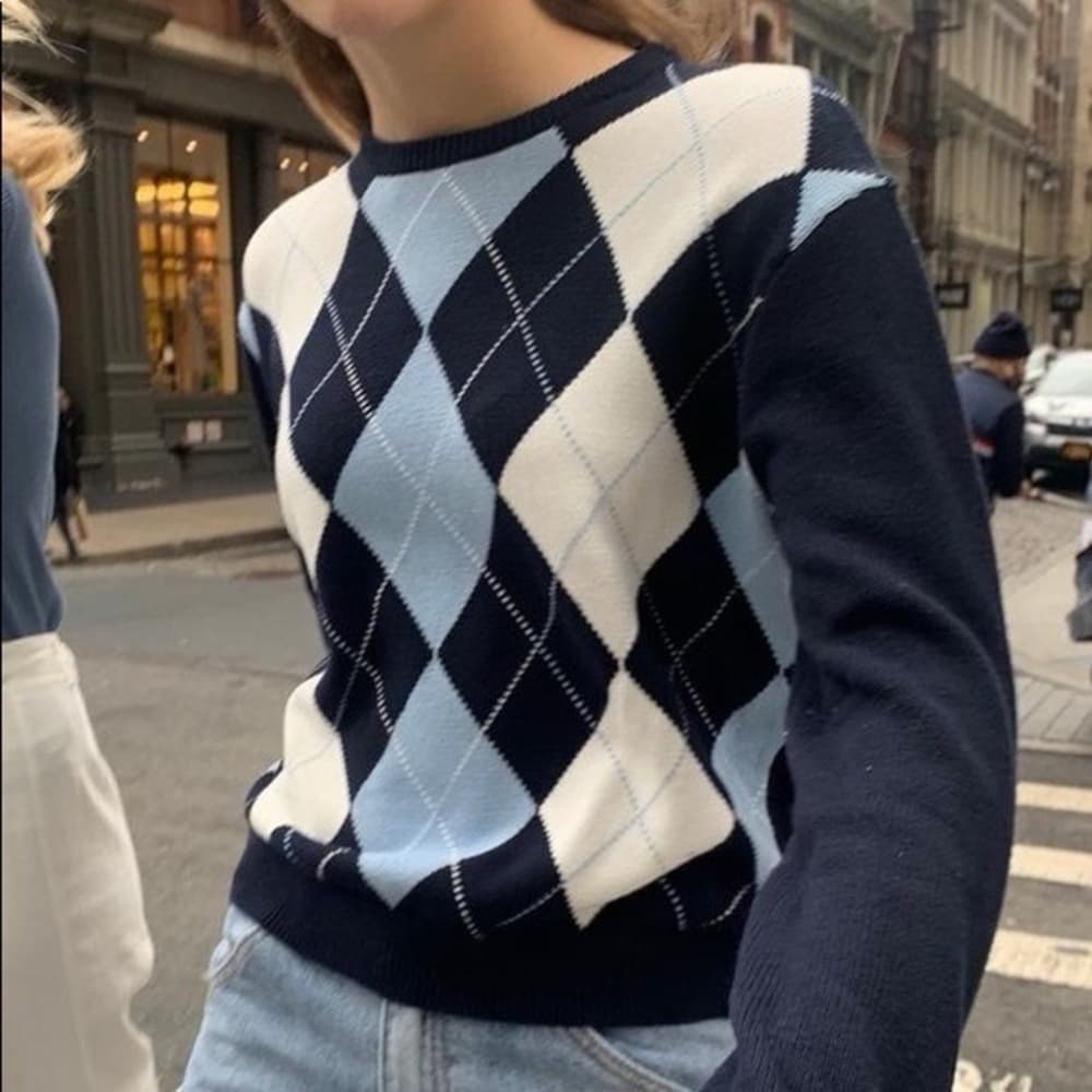 Brandy Melville Black and Blue Argyle Crewneck Sweater - Thumbnail 3