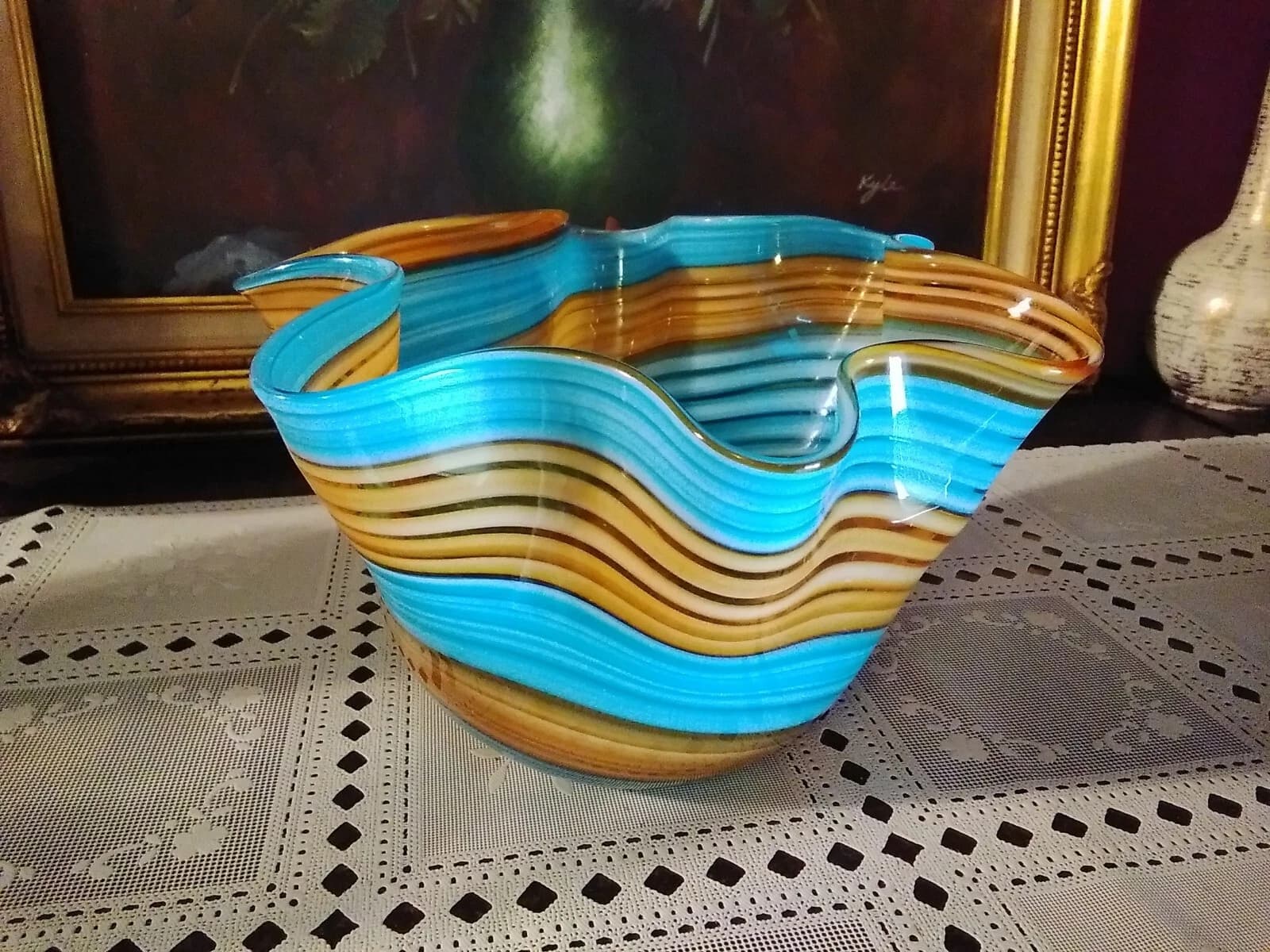 Striped Glass Bowl with Wavy Rim