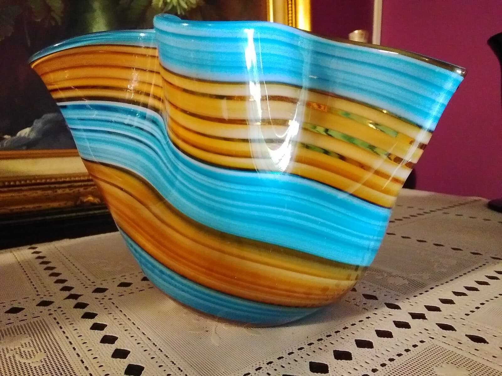Striped Glass Bowl with Wavy Rim - Thumbnail 4