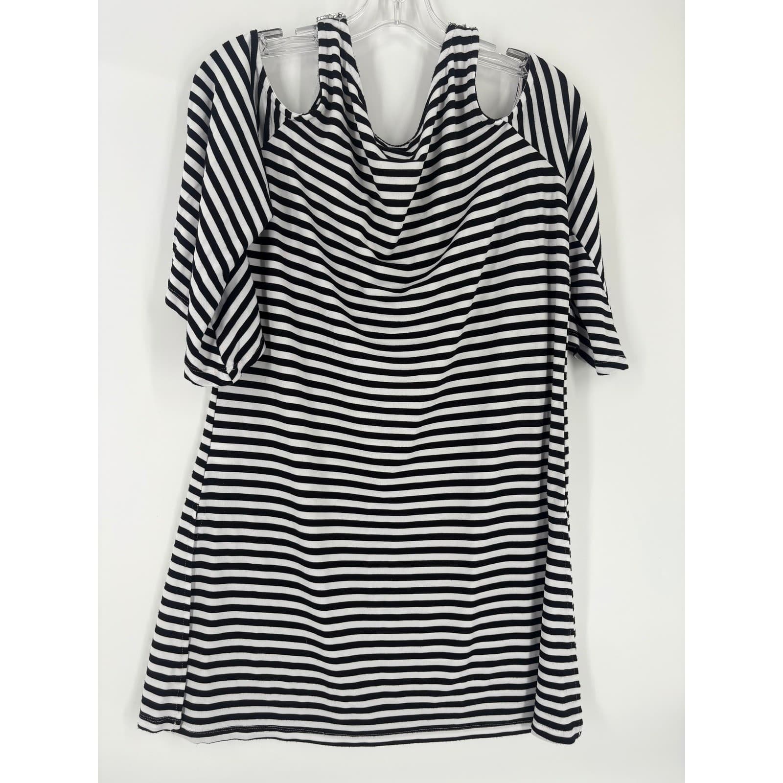 Harbor Drive Striped Cold Shoulder Tunic Top Womens Size L Rhinestone Strap - Thumbnail 2