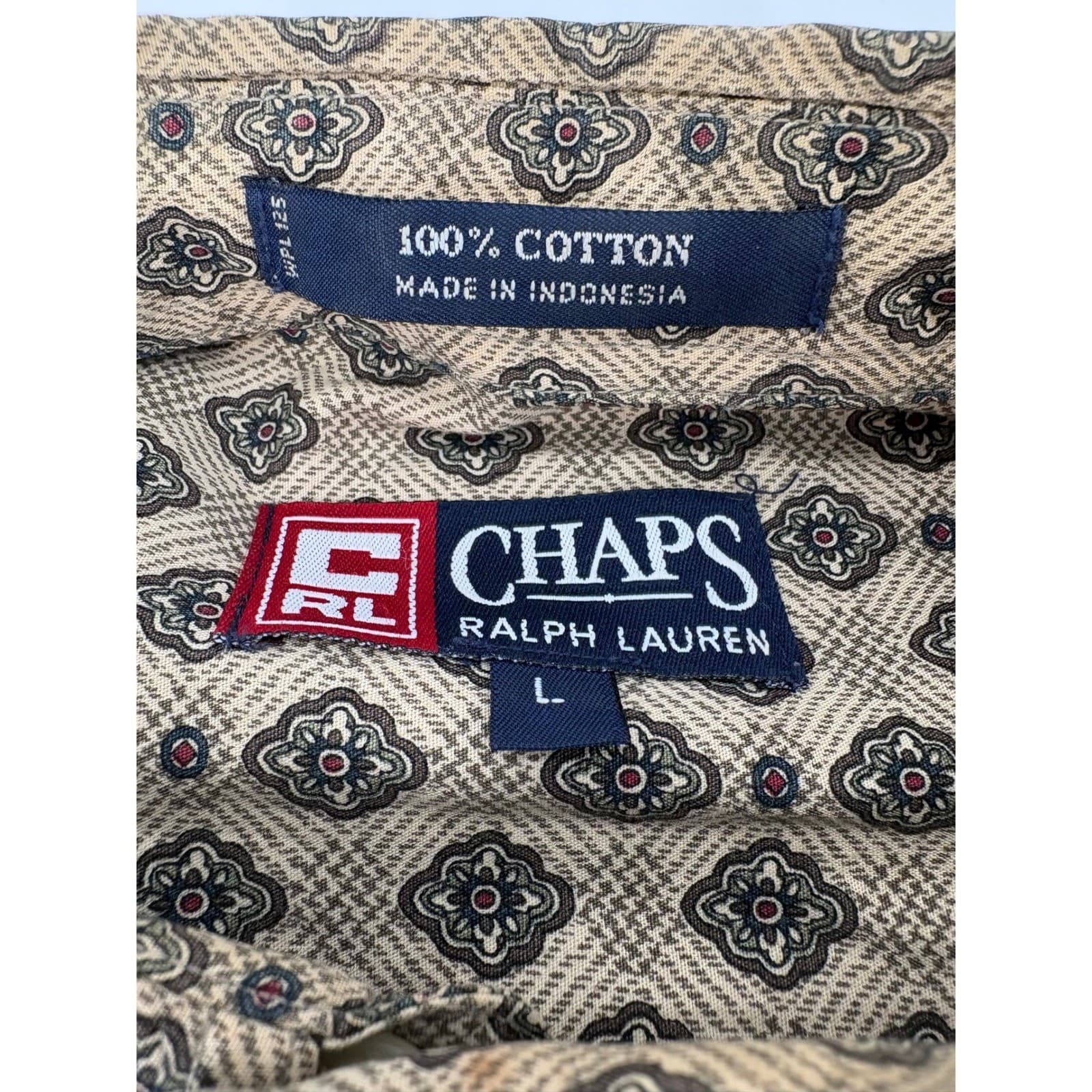 Chaps Ralph Lauren Mens L Button Down Shirt Long Sleeve Beige Geometric Print - Thumbnail 5