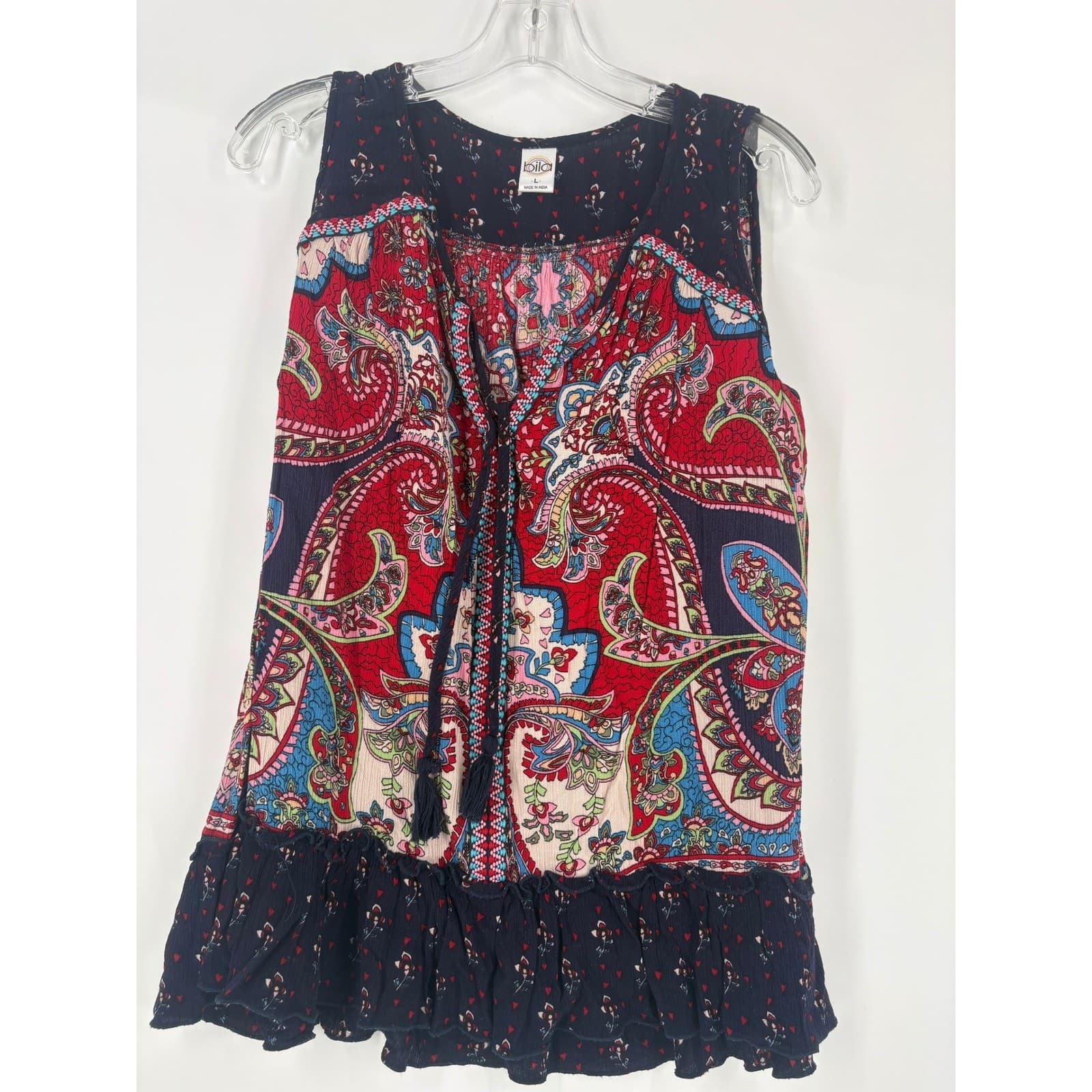 Bila Women's Large Paisley Print Sleeveless Tassel Tie Tunic Top - Thumbnail 2