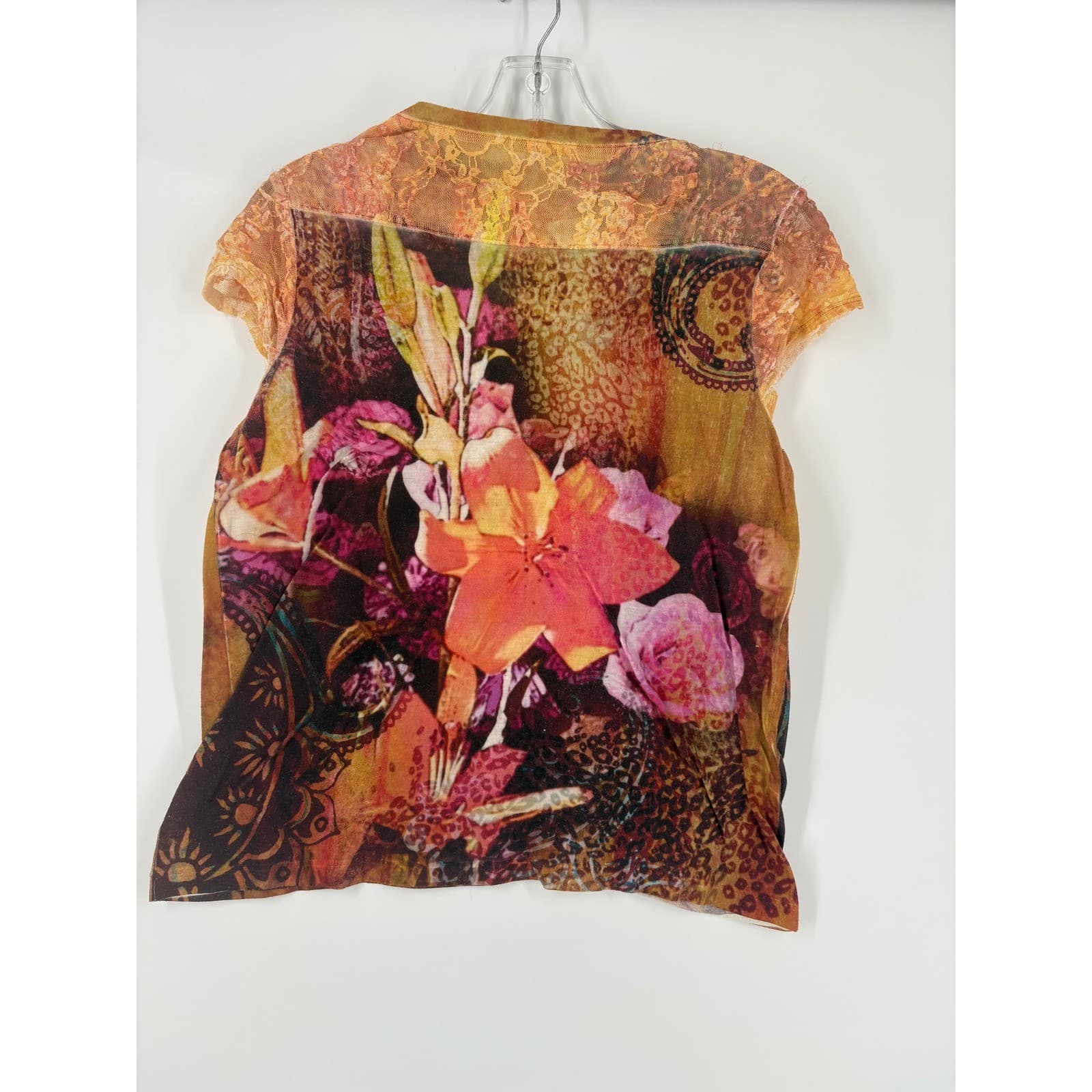 Chicos Size 1 Floral Print Sheer Lace Top Orange Brown Women's - Thumbnail 2