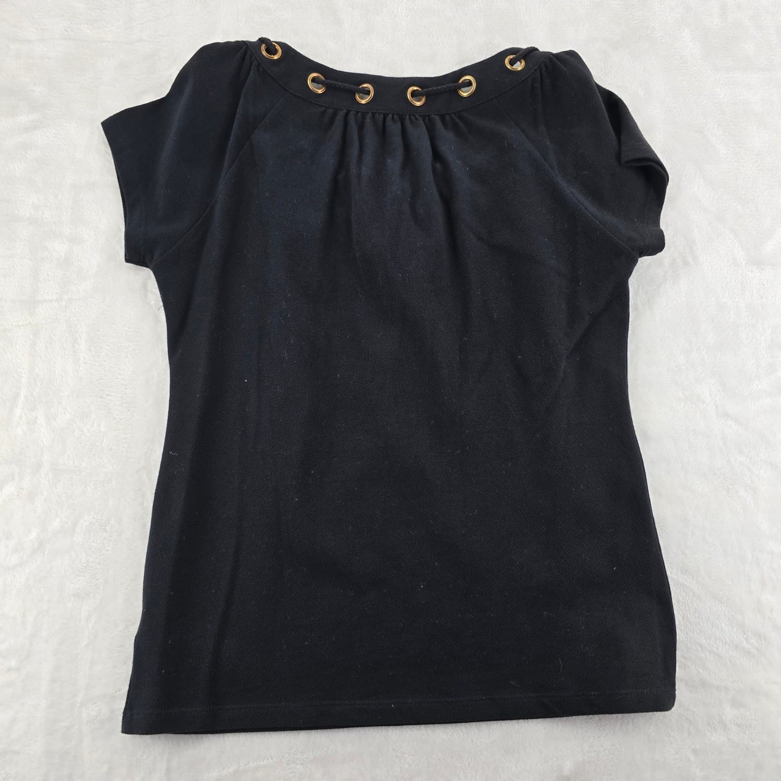 Michael Kors Top Womens Small Shirt Black Grommet Neck Short Sleeve Cotton - Thumbnail 8