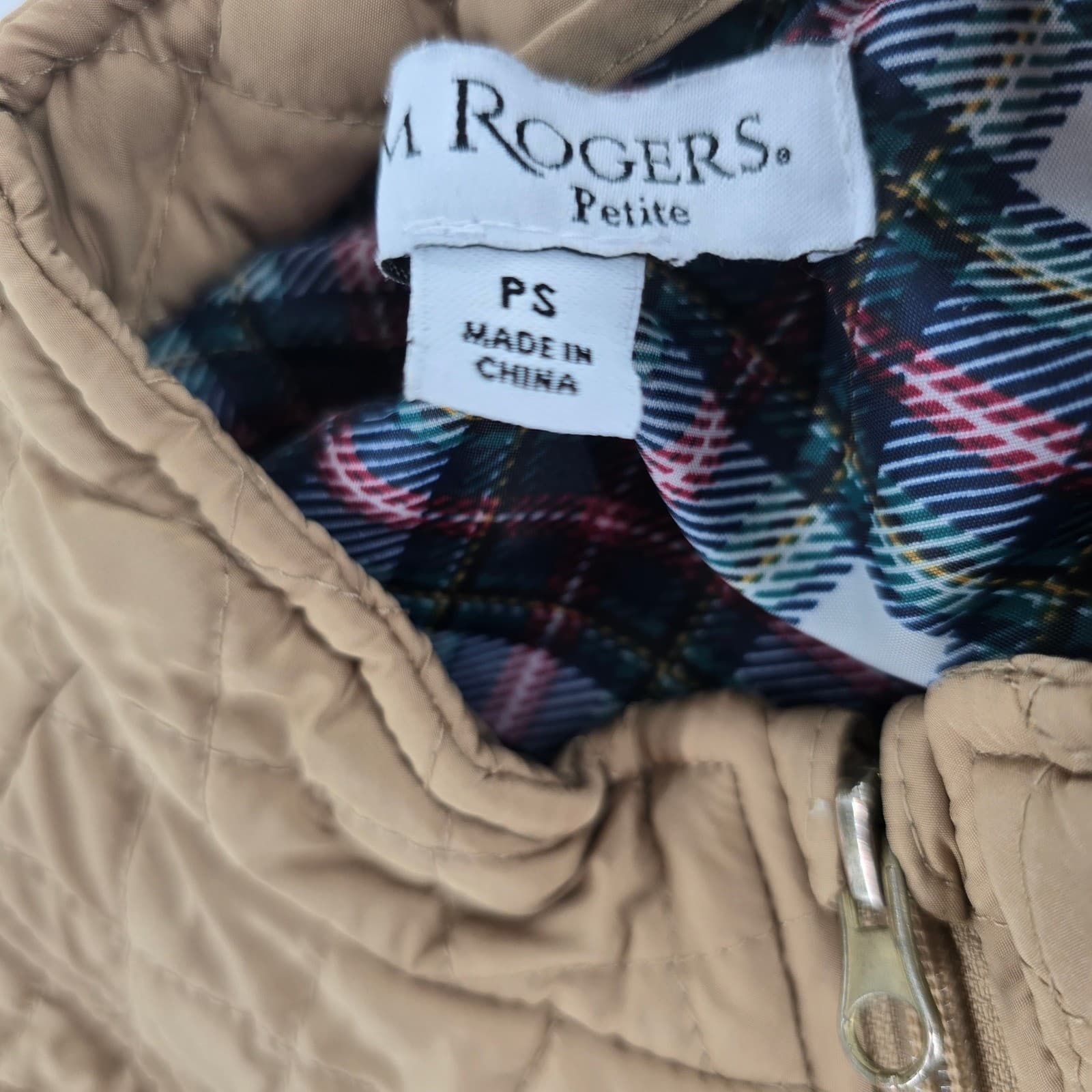 Kim Rogers Quilted Vest Womens PS Vest Tan Full Zip Plaid Lining Mock Neck - Thumbnail 3