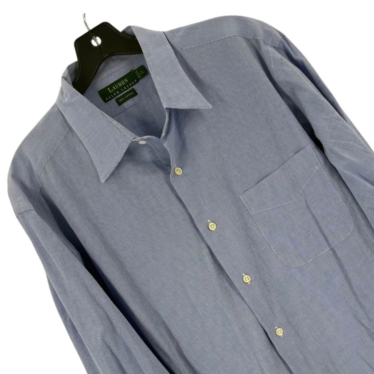 Lauren Ralph Lauren Shirt Mens 17 34/35 Button Down Blue Micro Check 100% Cotton