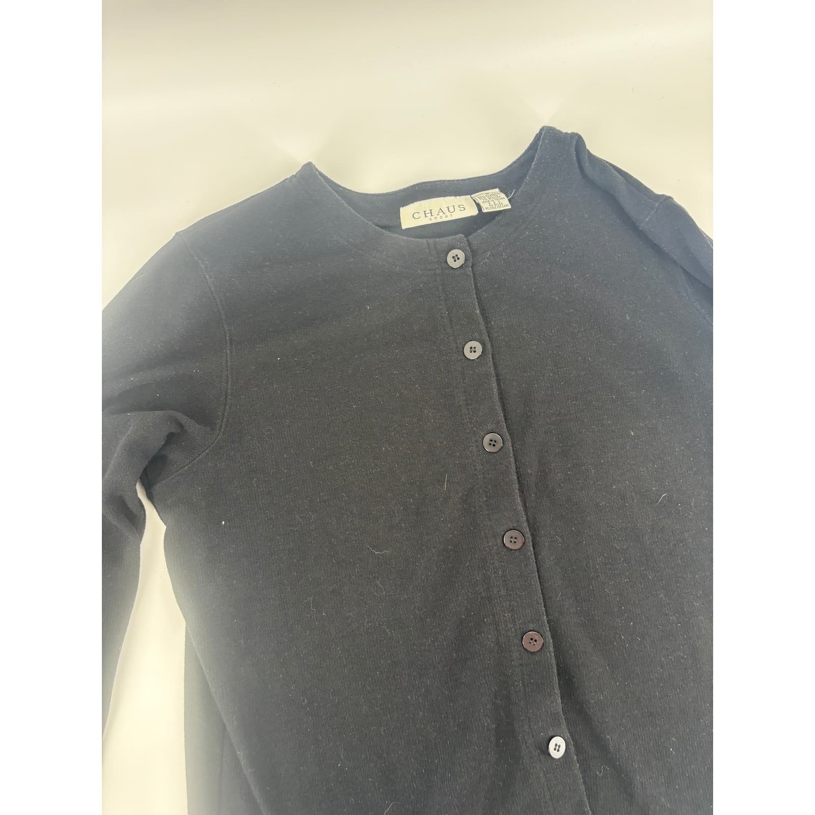 CHAUS SPORT Black Button Front Cardigan Sweater Women's Medium Ribbed Knit - Thumbnail 3