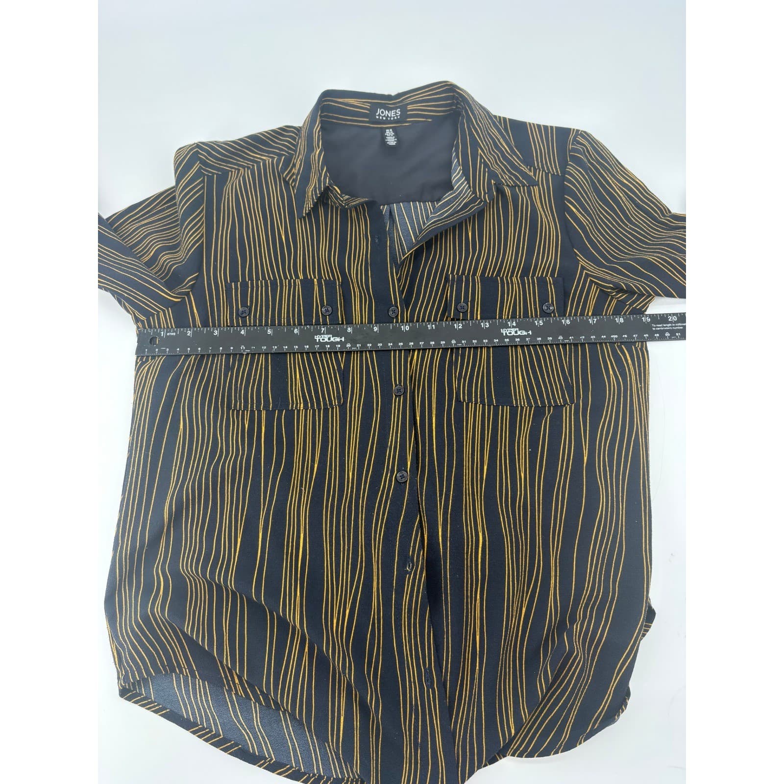 Jones New York Blouse Womens Medium Shirt Black Gold Striped Button Down 6099 - Thumbnail 5