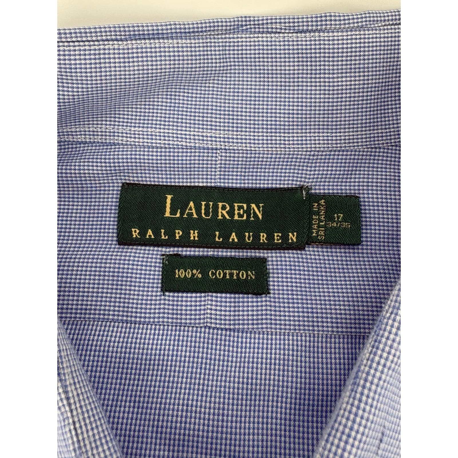 Lauren Ralph Lauren Shirt Mens 17 34/35 Button Down Blue Micro Check 100% Cotton - Thumbnail 4