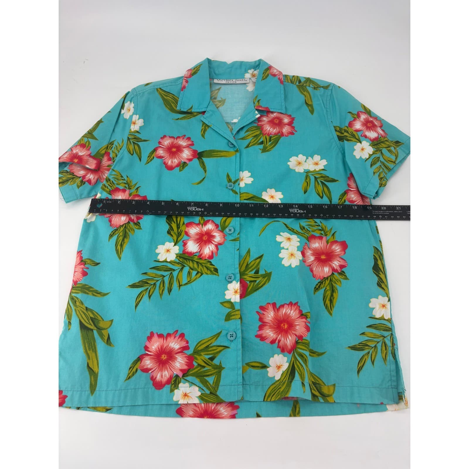 Victoria Jones Petite Button Up Shirt Tropical Floral PM Teal Blue Womens - Thumbnail 5