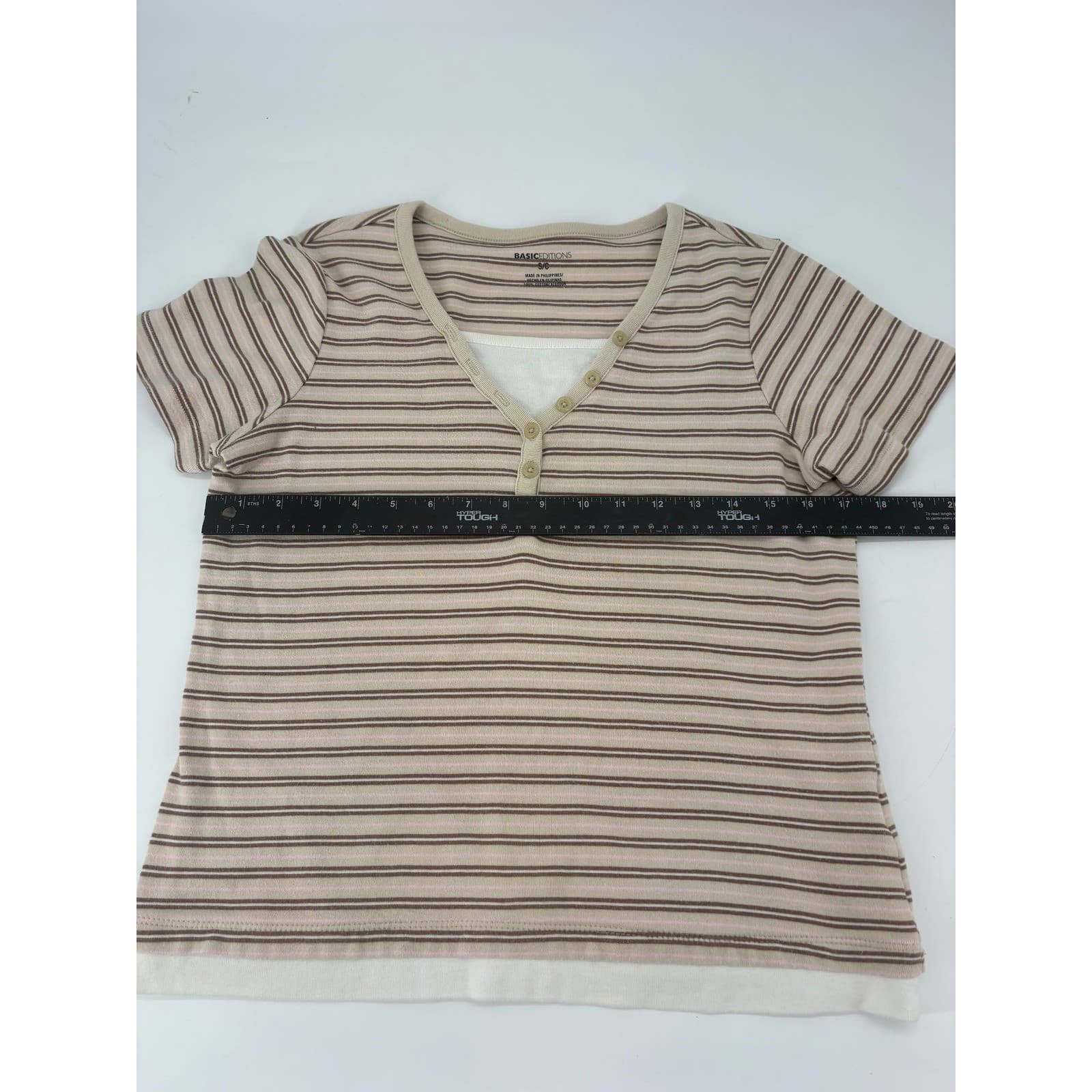 Basic Editions Henley Neck Striped Tee Short Sleeve S Tan Brown Womens - Thumbnail 3