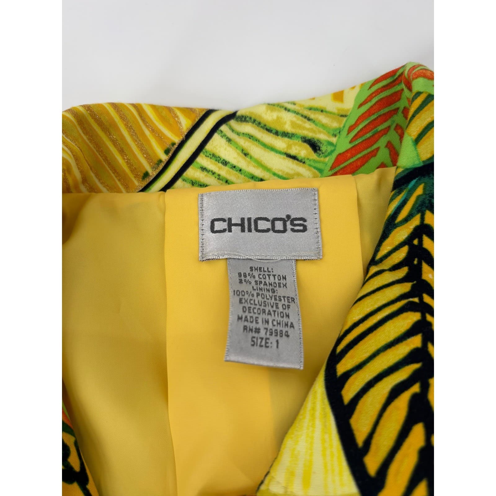 Chicos Tropical Leaf Print Button Front Jacket Size 1 Yellow Green Womens - Thumbnail 3