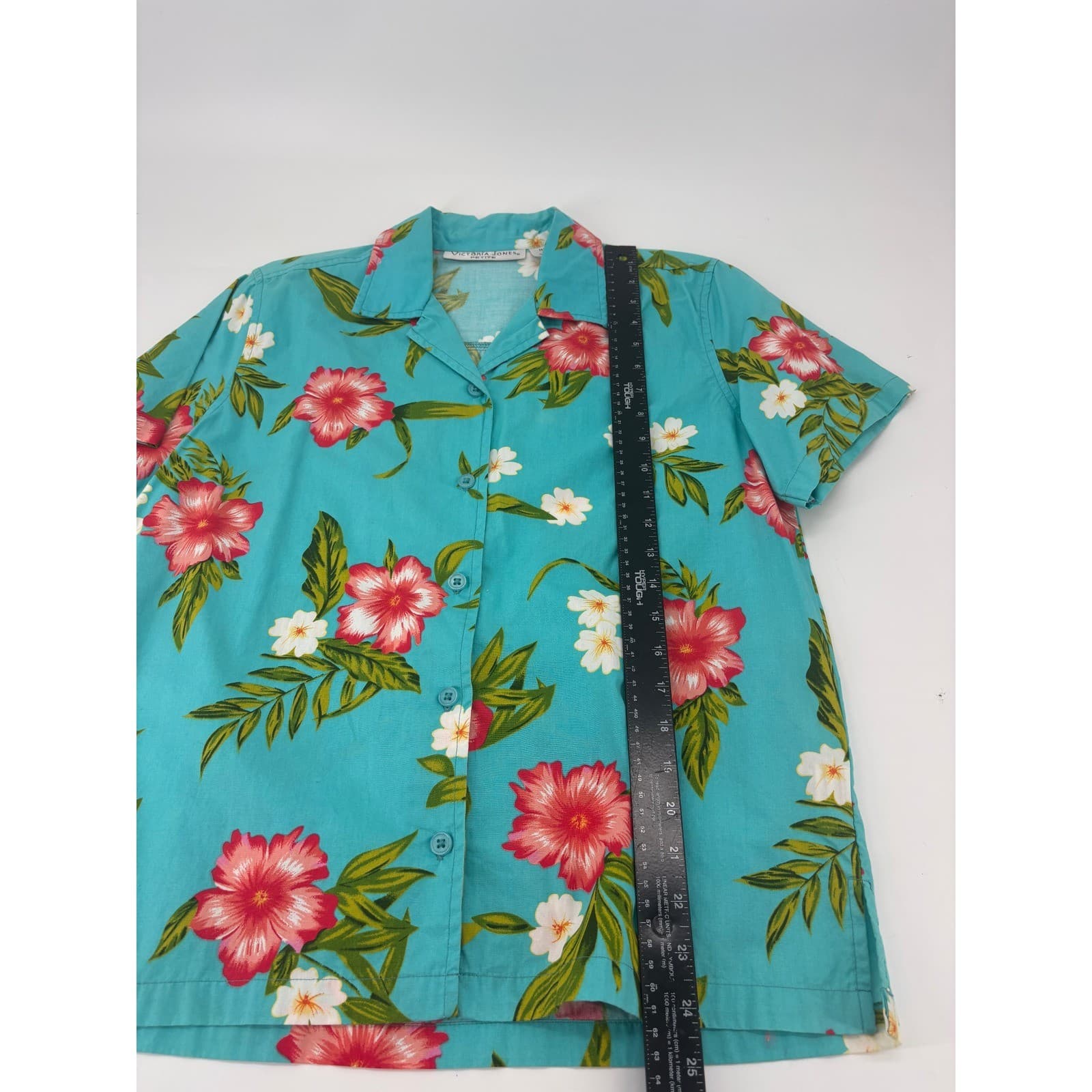 Victoria Jones Petite Button Up Shirt Tropical Floral PM Teal Blue Womens - Thumbnail 4