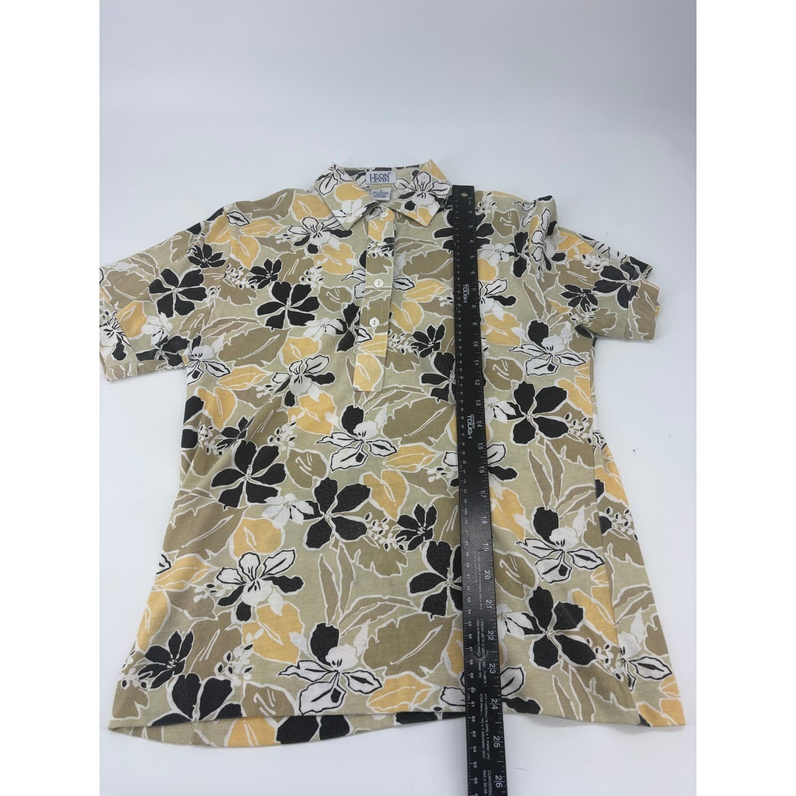 Leon Levin Short Sleeve Polo Shirt Floral Print Size S Tan Yellow Womens - Thumbnail 4