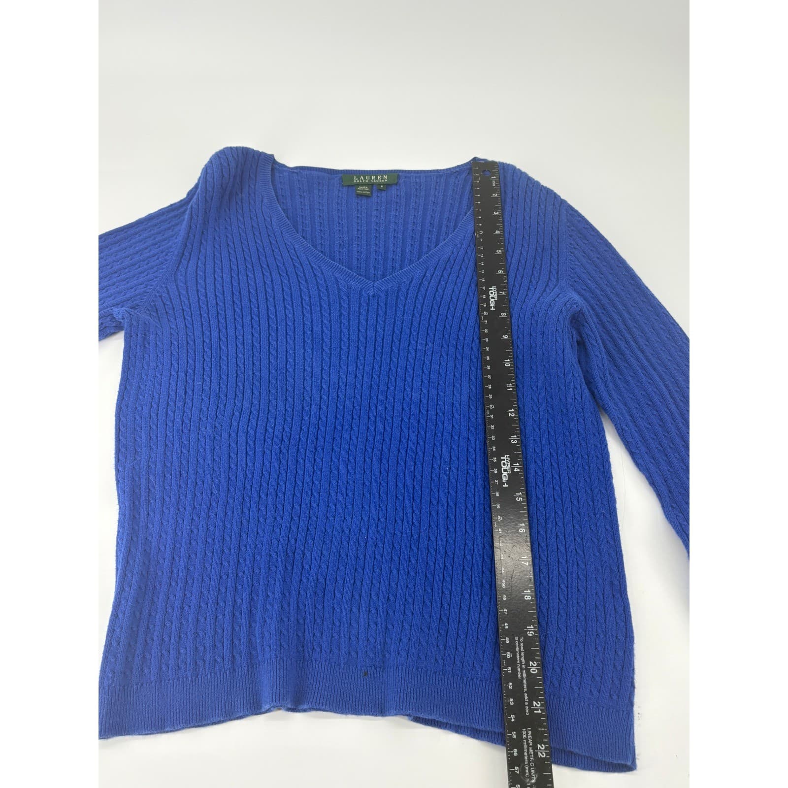Lauren Ralph Lauren Cable Knit V-Neck Sweater Cotton Small Blue Womens - Thumbnail 4