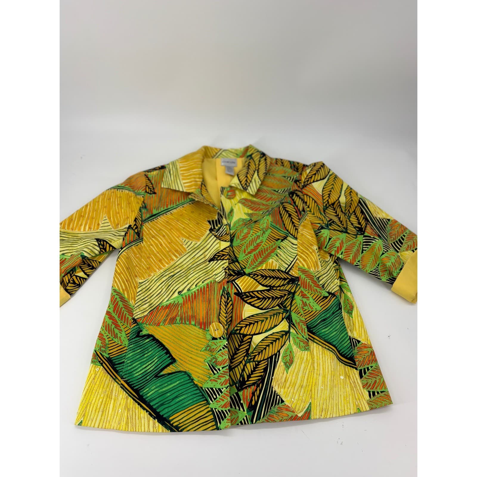 Chicos Tropical Leaf Print Button Front Jacket Size 1 Yellow Green Womens - Thumbnail 2