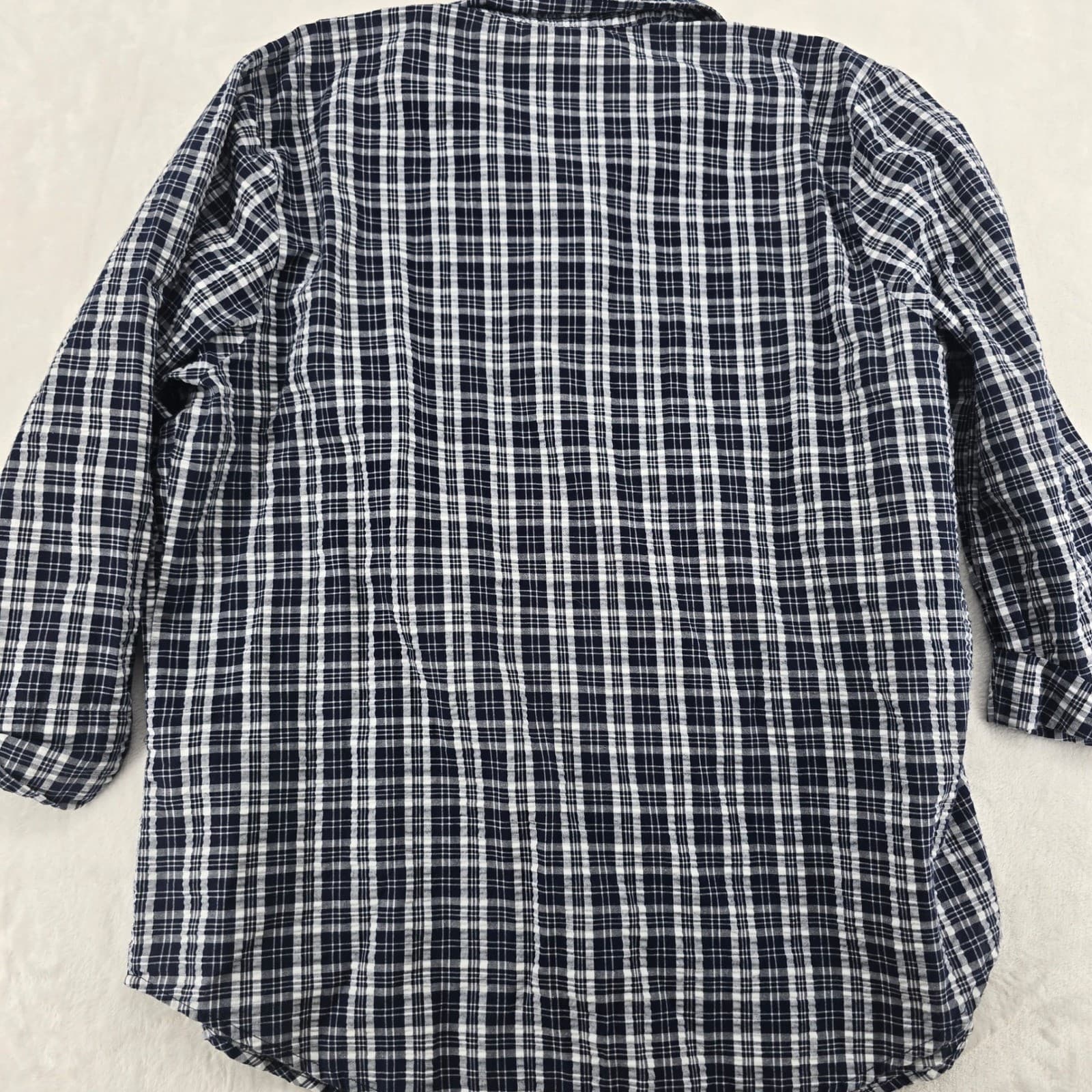 BonWorth Button Up Womens L Shirt Navy Blue Plaid Floral Embroidered 3/4 Sleeve - Thumbnail 6