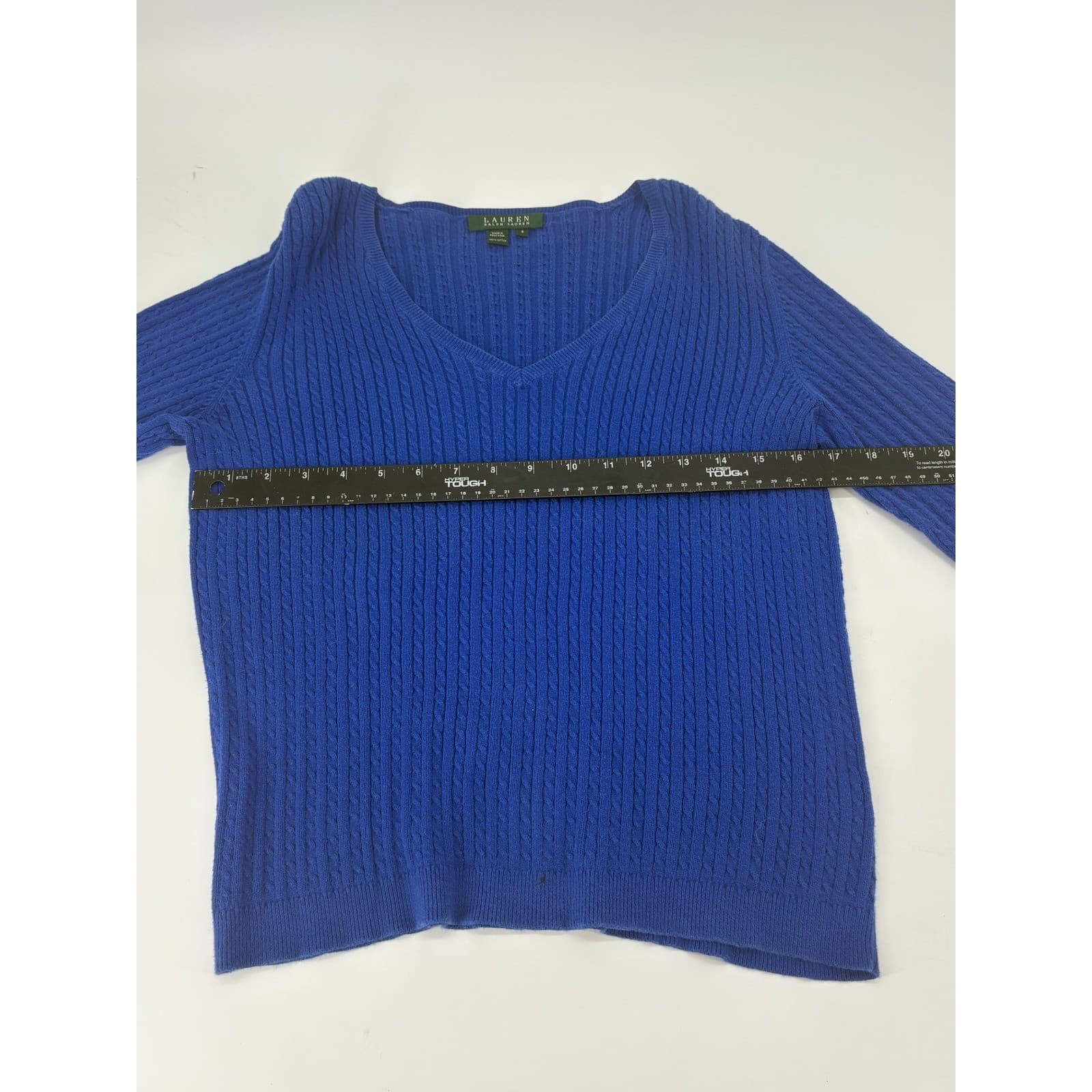 Lauren Ralph Lauren Cable Knit V-Neck Sweater Cotton Small Blue Womens - Thumbnail 5