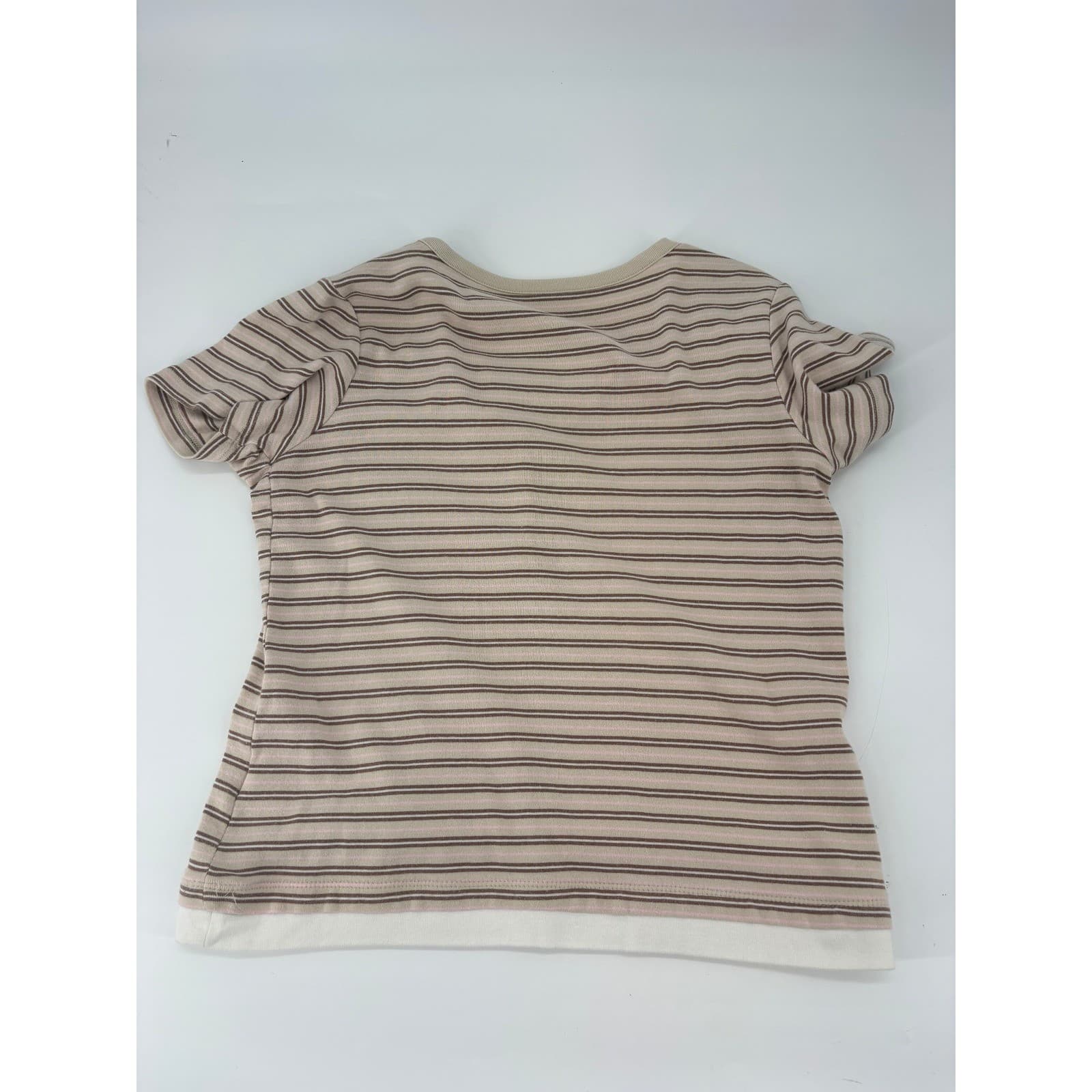 Basic Editions Henley Neck Striped Tee Short Sleeve S Tan Brown Womens - Thumbnail 6