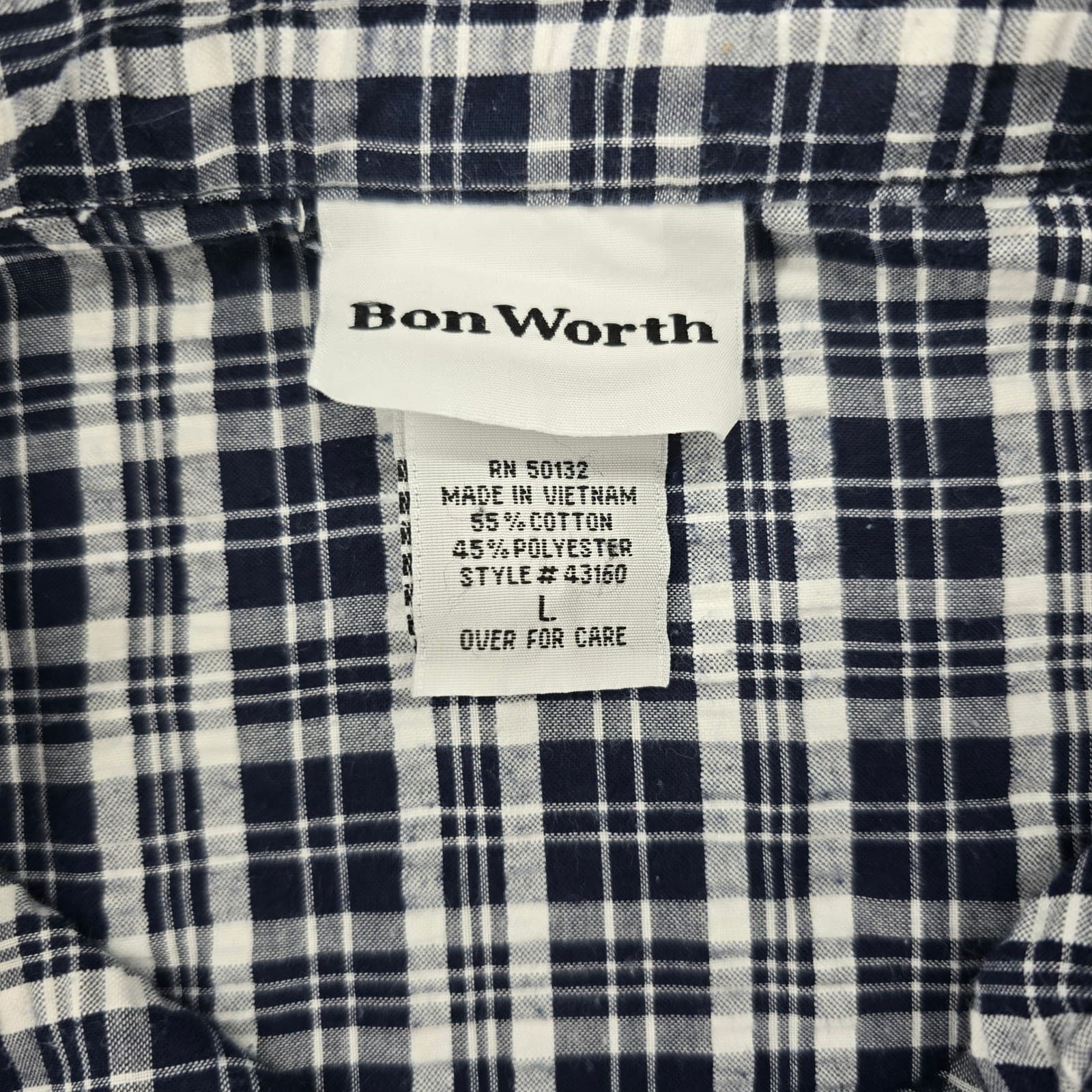 BonWorth Button Up Womens L Shirt Navy Blue Plaid Floral Embroidered 3/4 Sleeve - Thumbnail 2