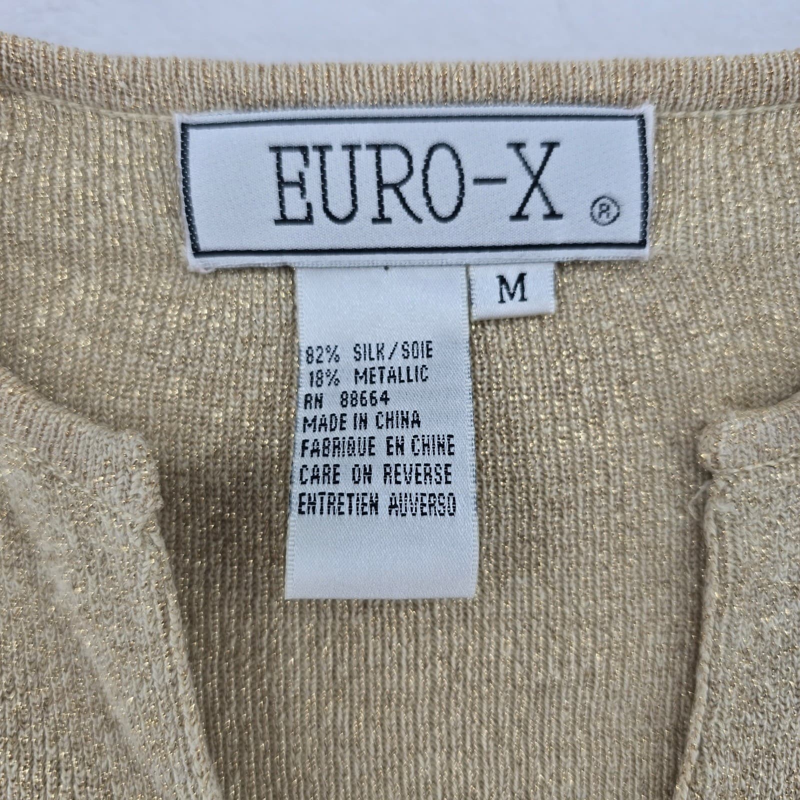 EURO-X Cardigan Womens M Sweater Gold Silk Metallic Knit Button Front V-Neck - Thumbnail 2