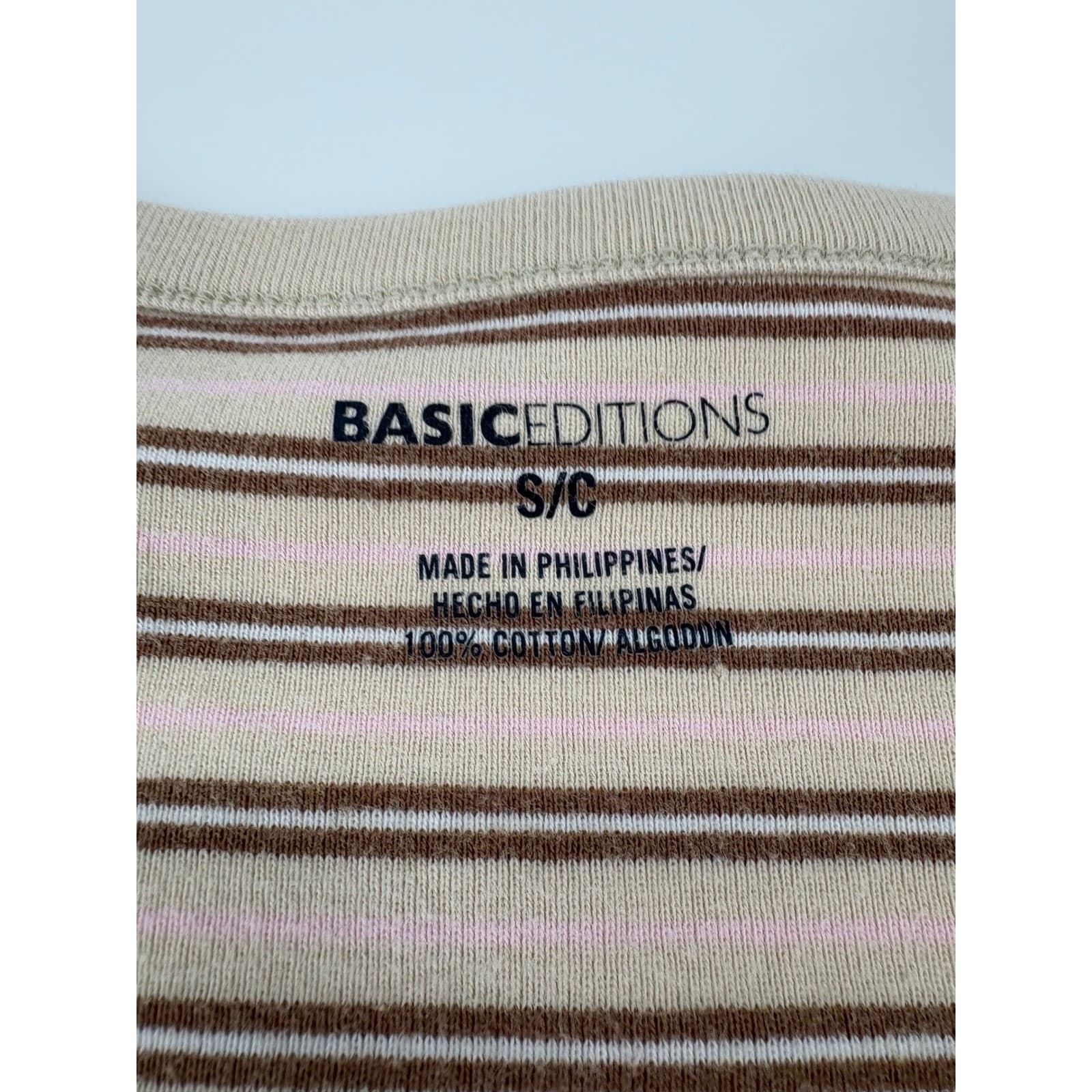 Basic Editions Henley Neck Striped Tee Short Sleeve S Tan Brown Womens - Thumbnail 2