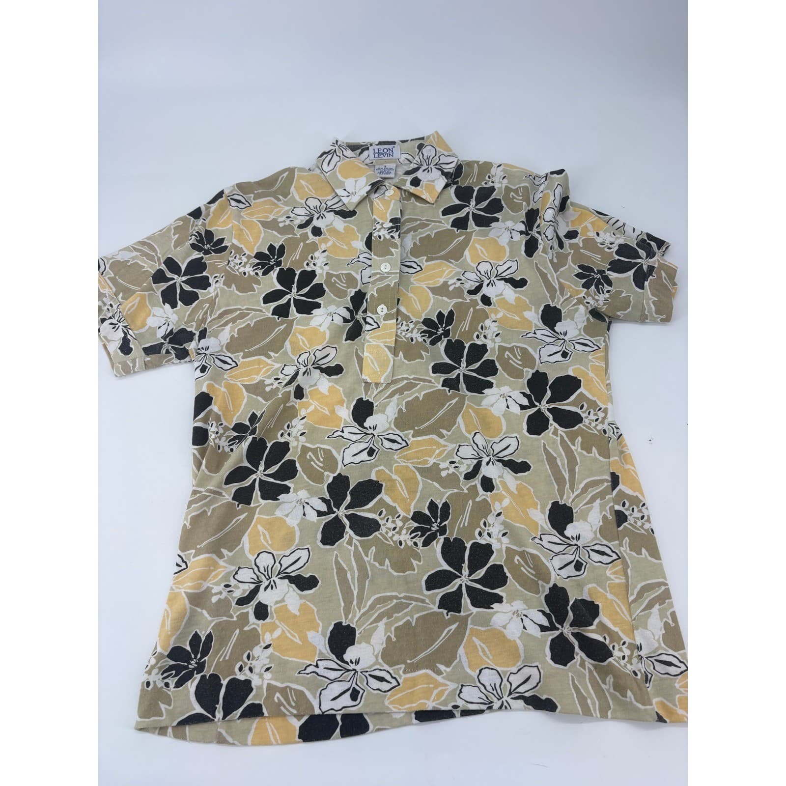 Leon Levin Short Sleeve Polo Shirt Floral Print Size S Tan Yellow Womens - Thumbnail 3