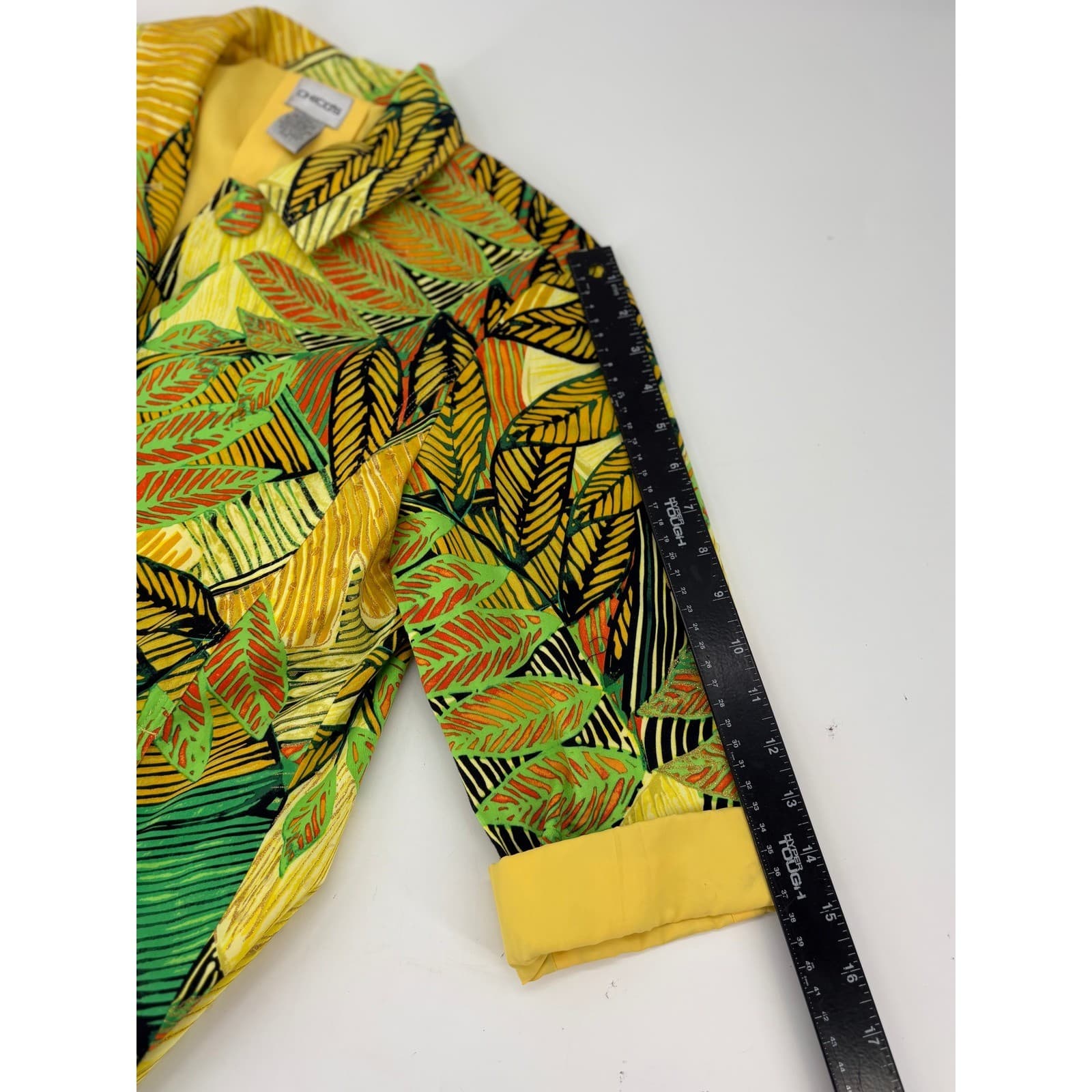 Chicos Tropical Leaf Print Button Front Jacket Size 1 Yellow Green Womens - Thumbnail 5
