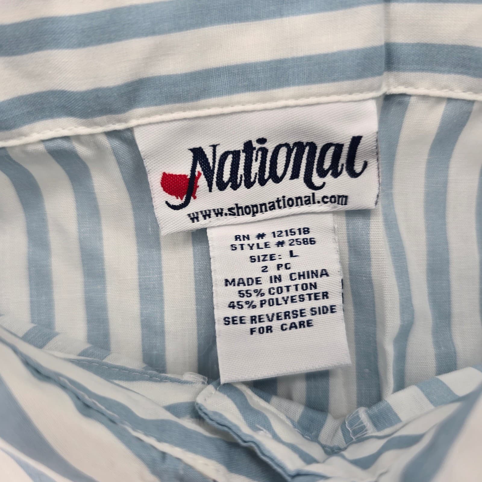National Pajama Set Womens Large 2 PC Shorts Shirt Blue White Striped Cotton - Thumbnail 2