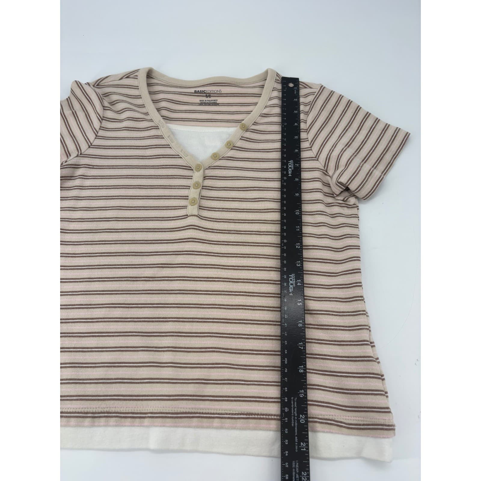 Basic Editions Henley Neck Striped Tee Short Sleeve S Tan Brown Womens - Thumbnail 4