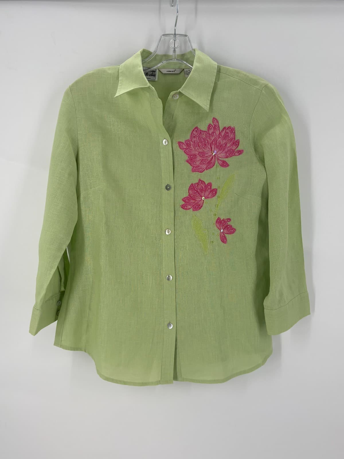 Edward Women’s Linen Blouse S Green Embroidered Floral Button Front Spring - Thumbnail 2