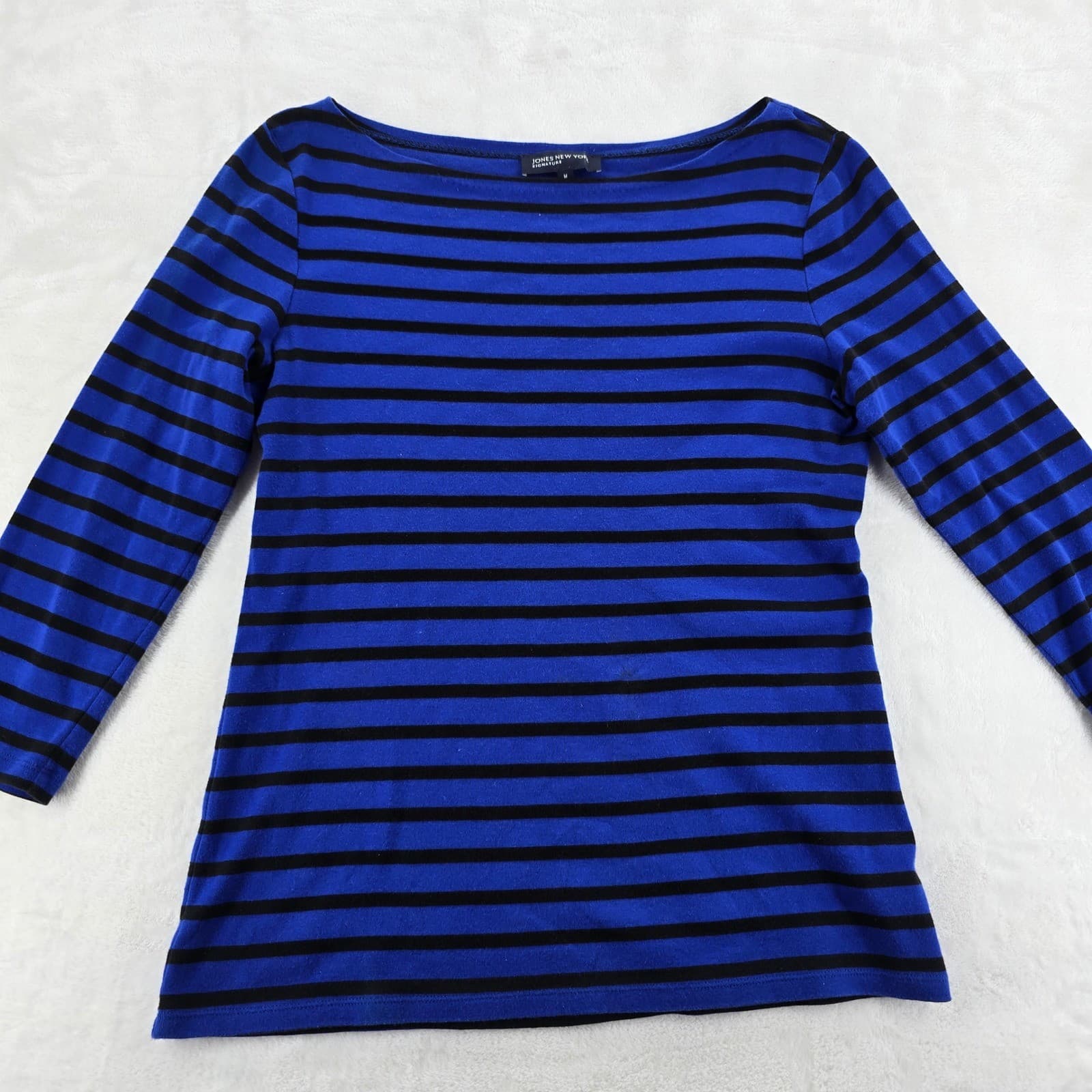 Jones New York Top Womens M Shirt Blue Black Striped Boat Neck 3/4 Sleeve Cotton