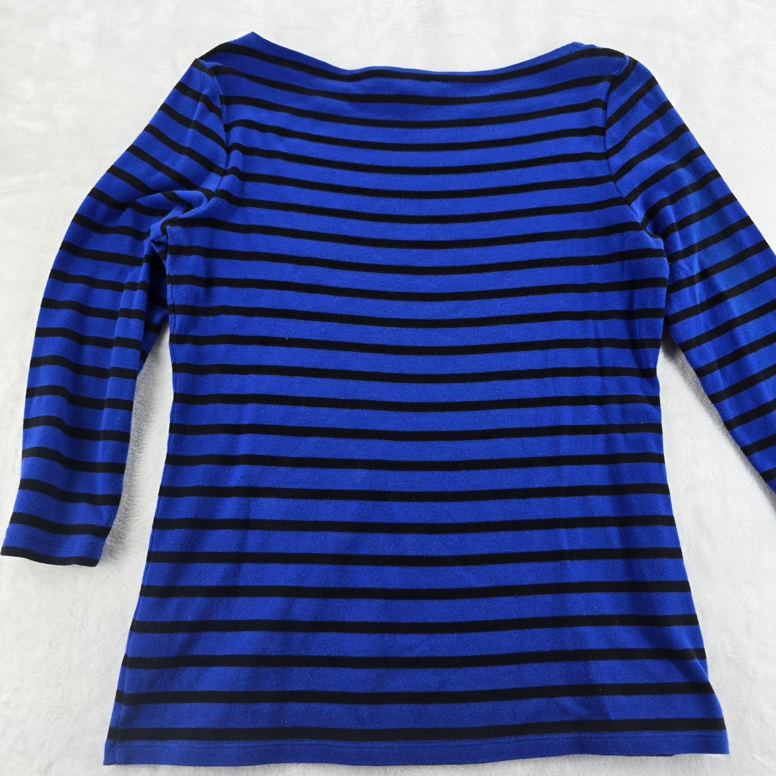 Jones New York Top Womens M Shirt Blue Black Striped Boat Neck 3/4 Sleeve Cotton - Thumbnail 8