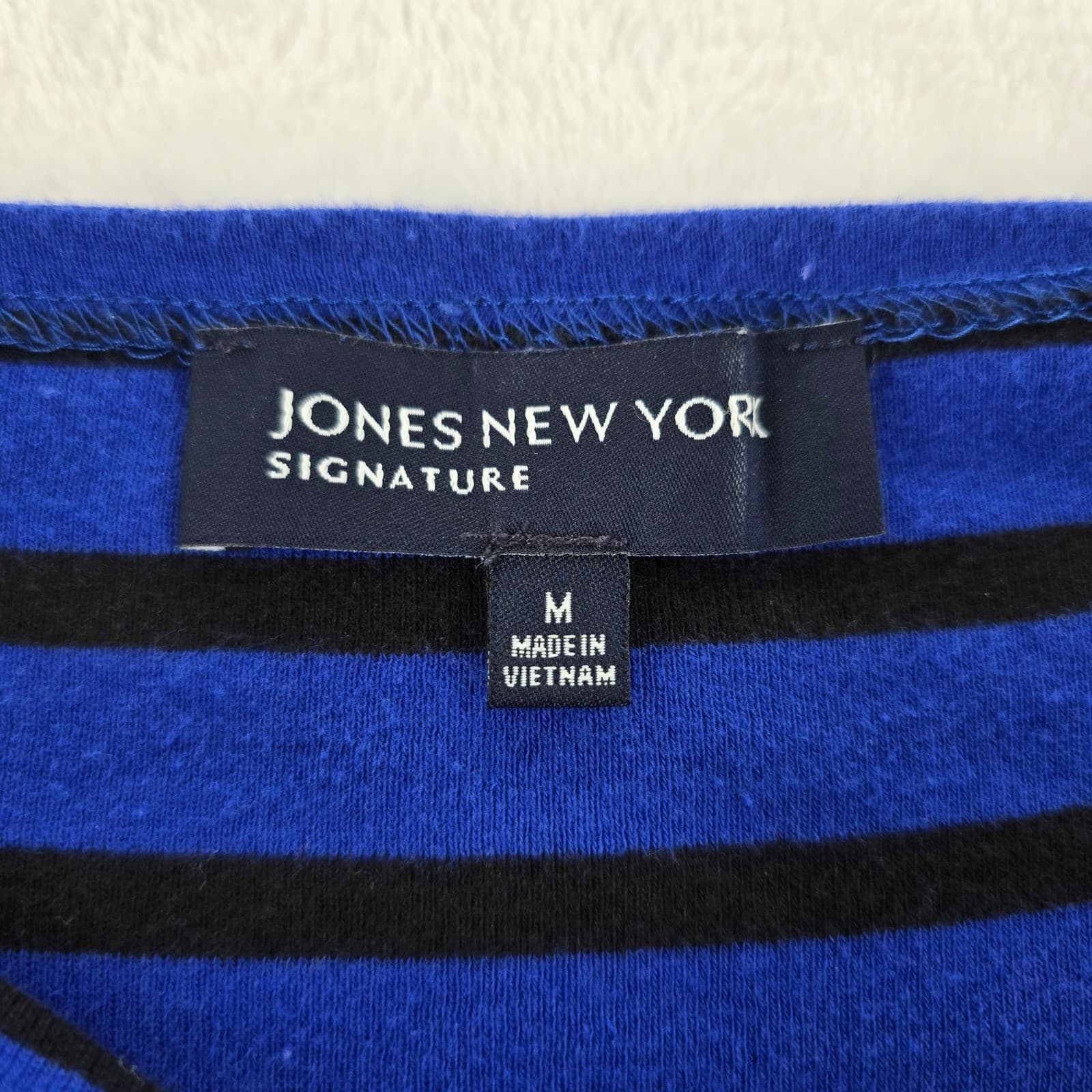 Jones New York Top Womens M Shirt Blue Black Striped Boat Neck 3/4 Sleeve Cotton - Thumbnail 2