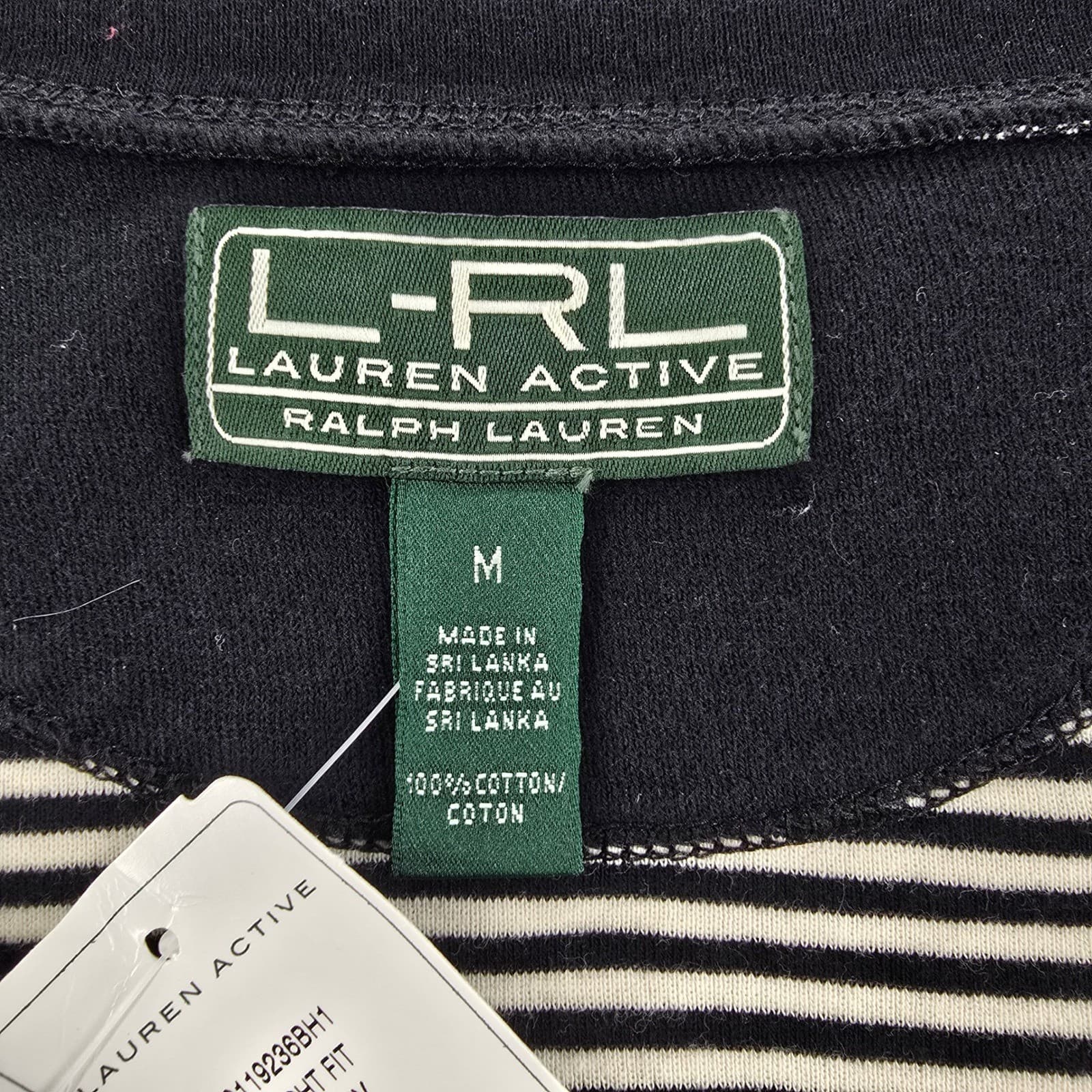 Lauren Active Ralph Lauren Top Womens M Shirt Black White Striped V-Neck Cotton - Thumbnail 2