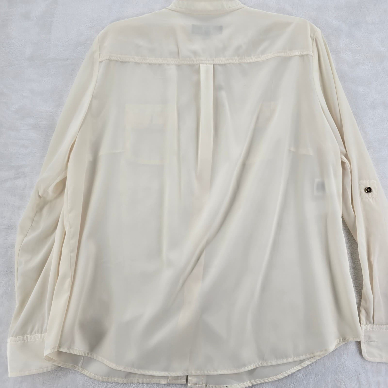 Jones New York Button Down Womens Large Blouse Cream Roll Tab Utility Pocket - Thumbnail 7
