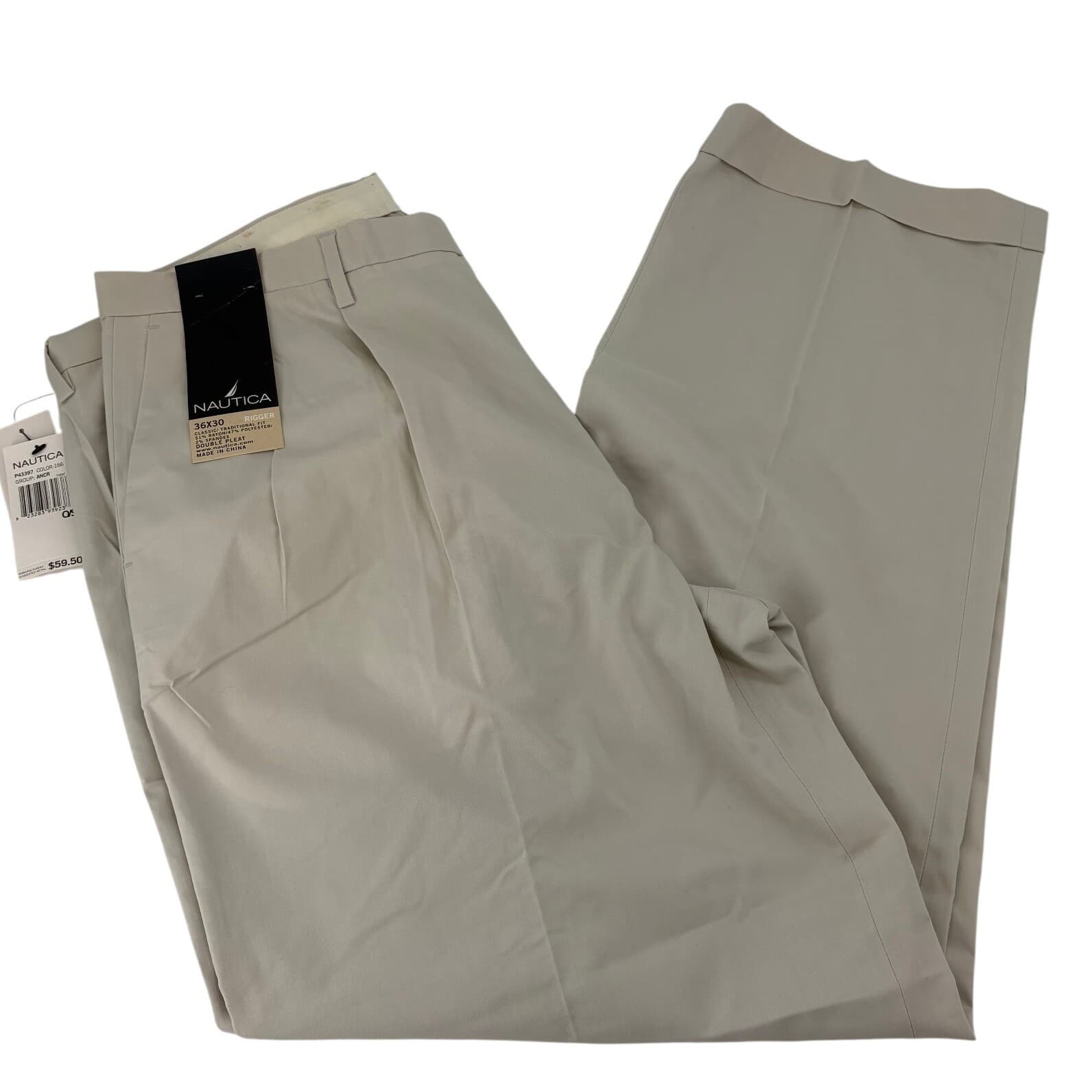 Nautica Rigger Mens 36x30 Dress Pants Beige Double Pleat P43397 Classic Fit NWT