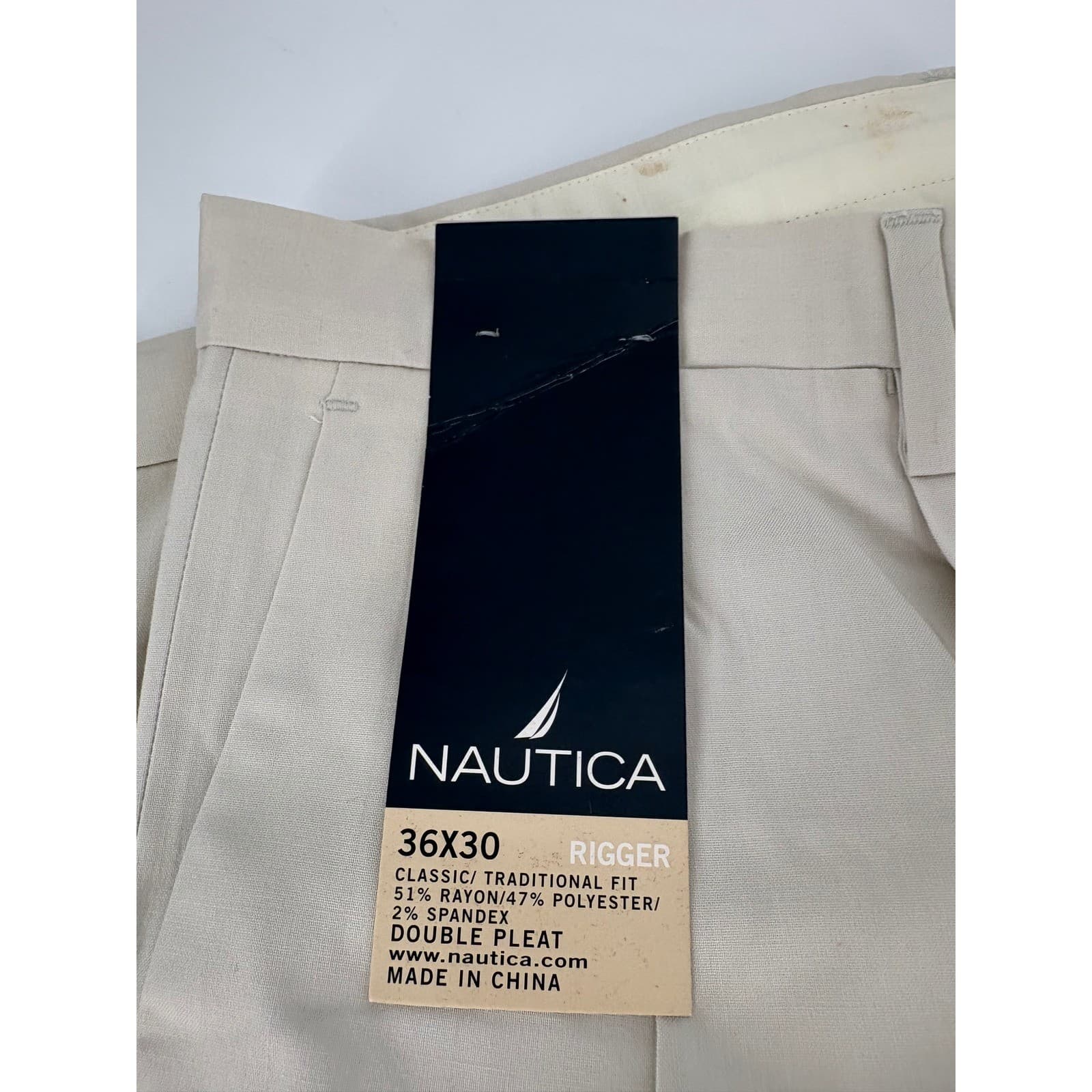 Nautica Rigger Mens 36x30 Dress Pants Beige Double Pleat P43397 Classic Fit NWT - Thumbnail 2