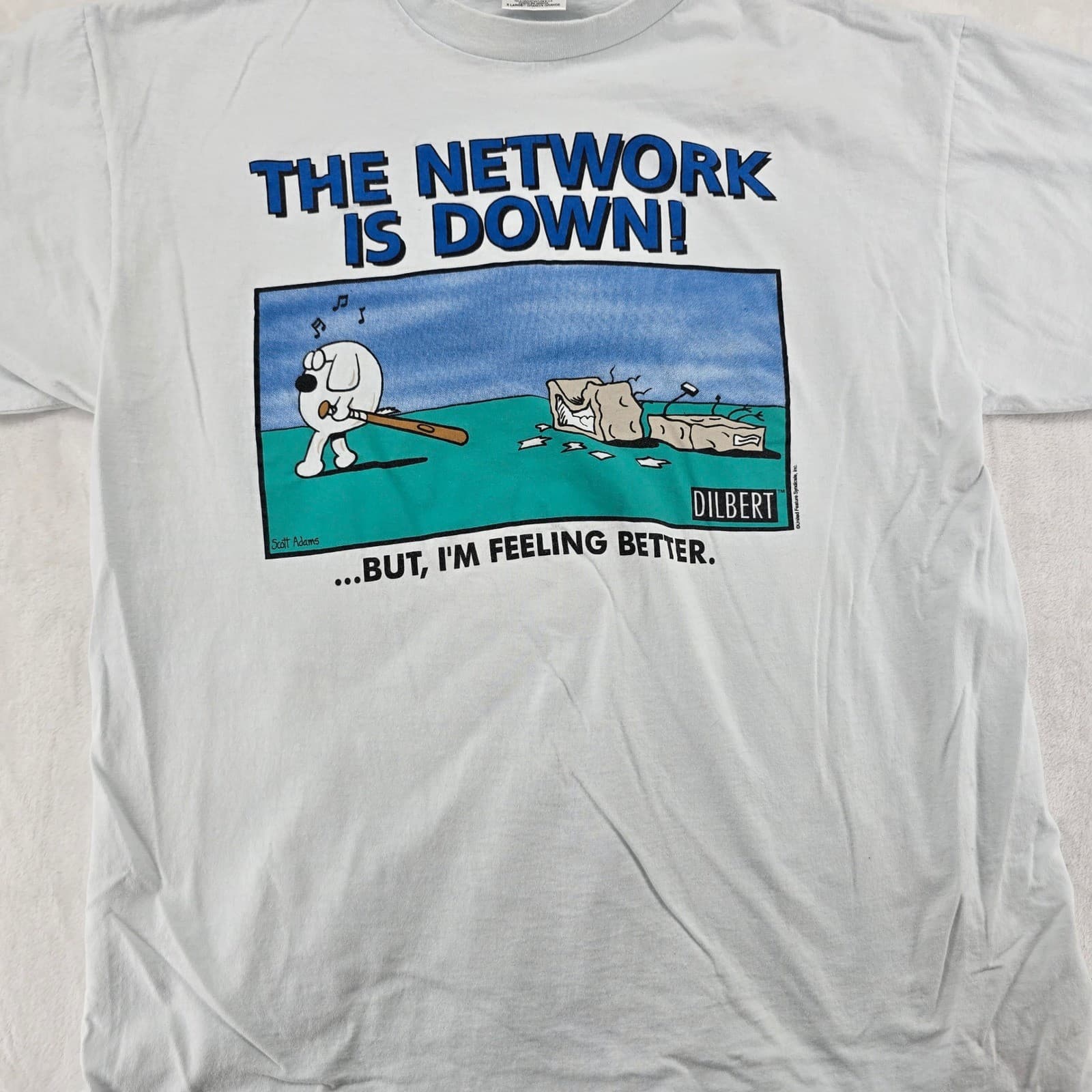 PowerPro Oneita Dilbert Mens XL T-Shirt White The Network Is Down Dogbert Comic
