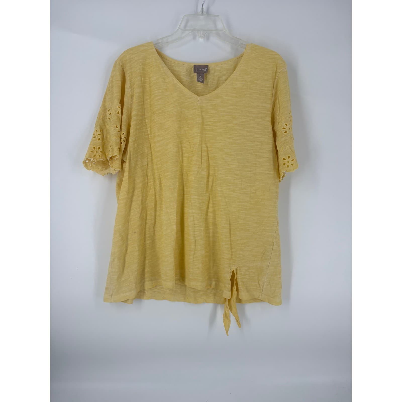 Chicos V Neck Tunic Top Yellow Eyelet Sleeve Side Tie Size 3