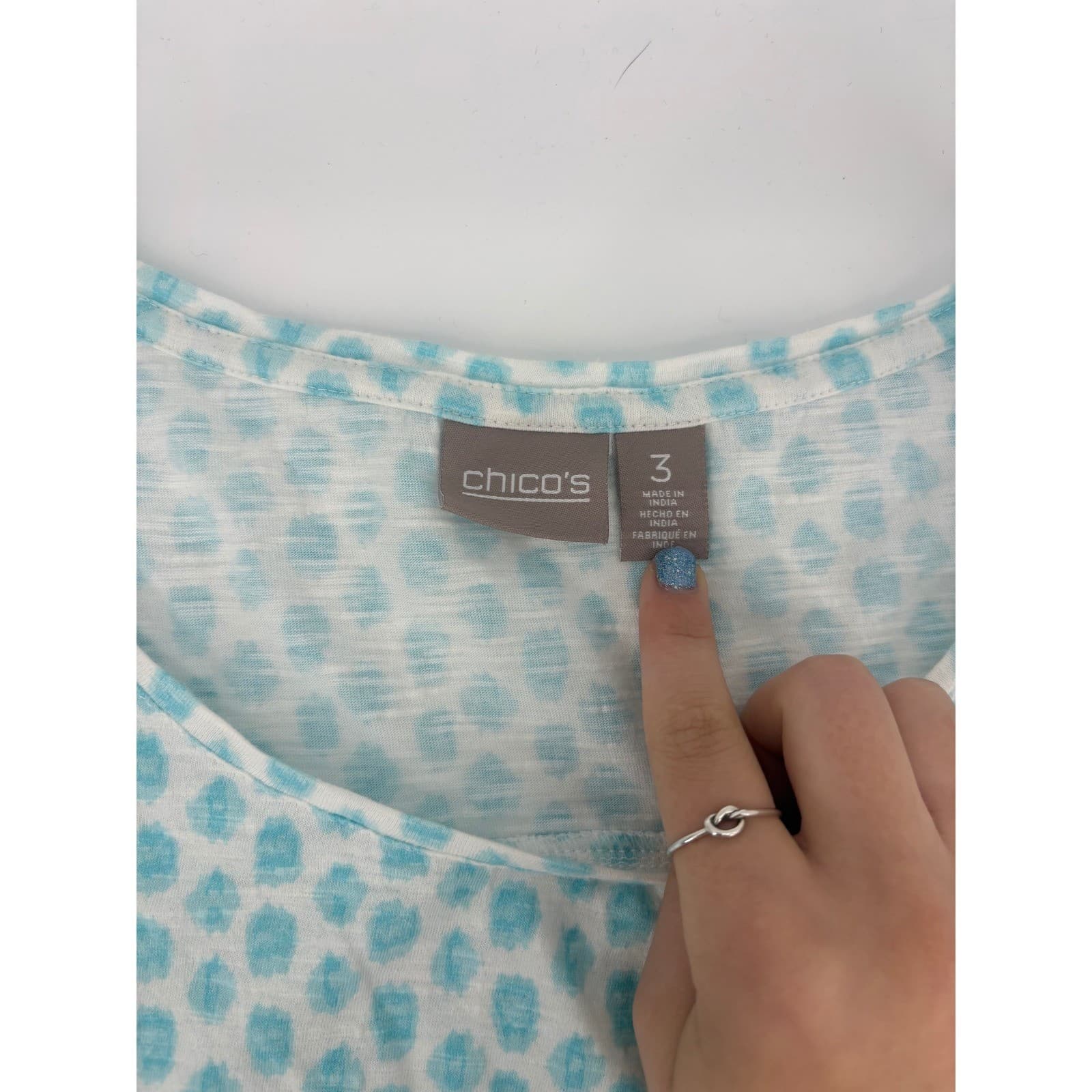 Chicos Womens Size 3 Aqua White Geometric Print Short Sleeve Top - Thumbnail 3