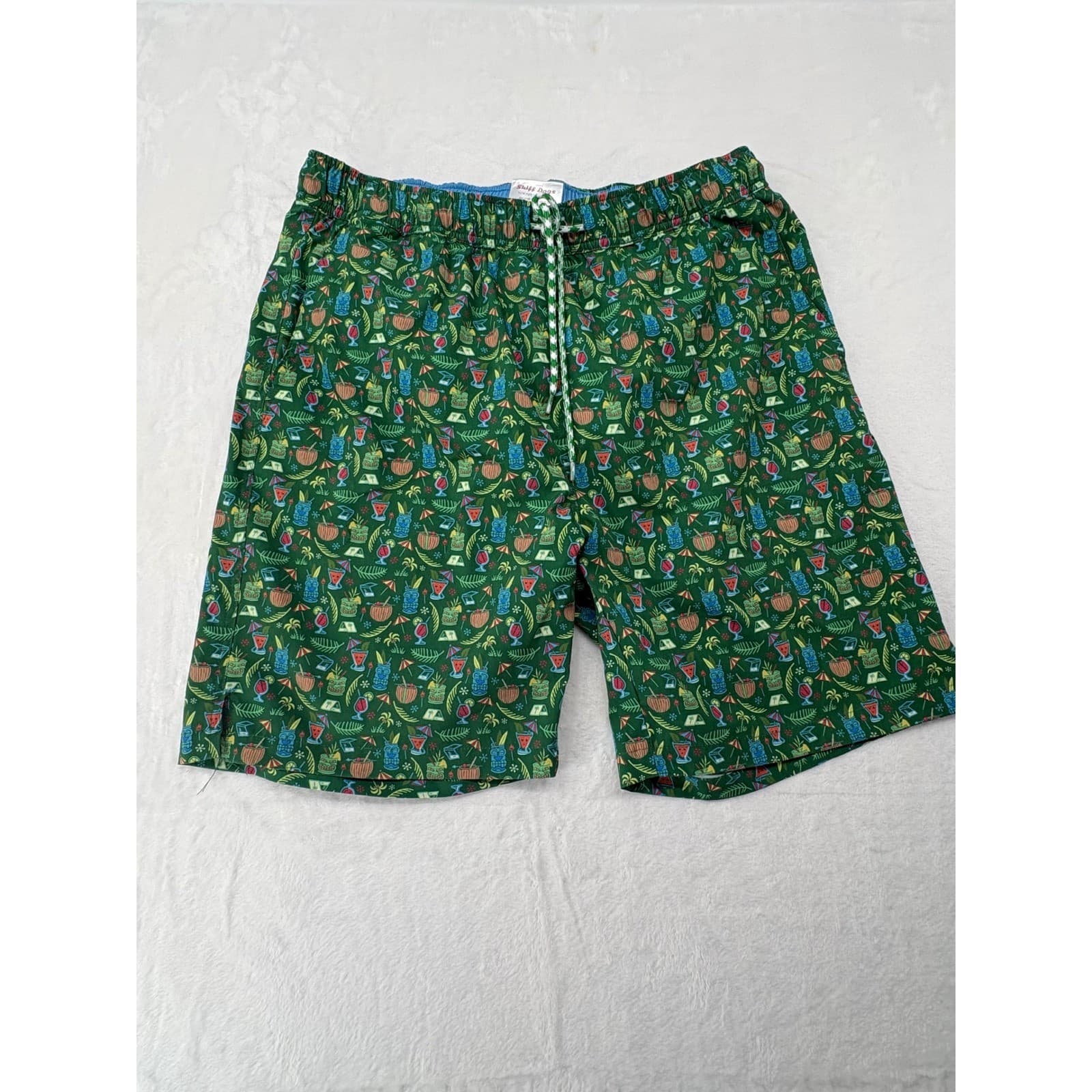Skiff Dogs Swim Trunks Mens M Shorts Green Tiki Cocktail Pedigree Litter - Thumbnail 2