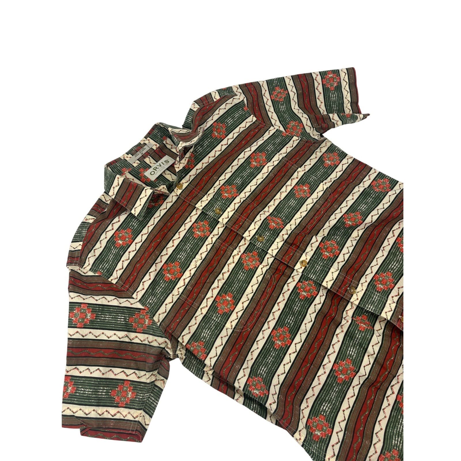 ORVIS Short Sleeve Button Up Men's Shirt Size M Aztec Geometric Stripe Pattern