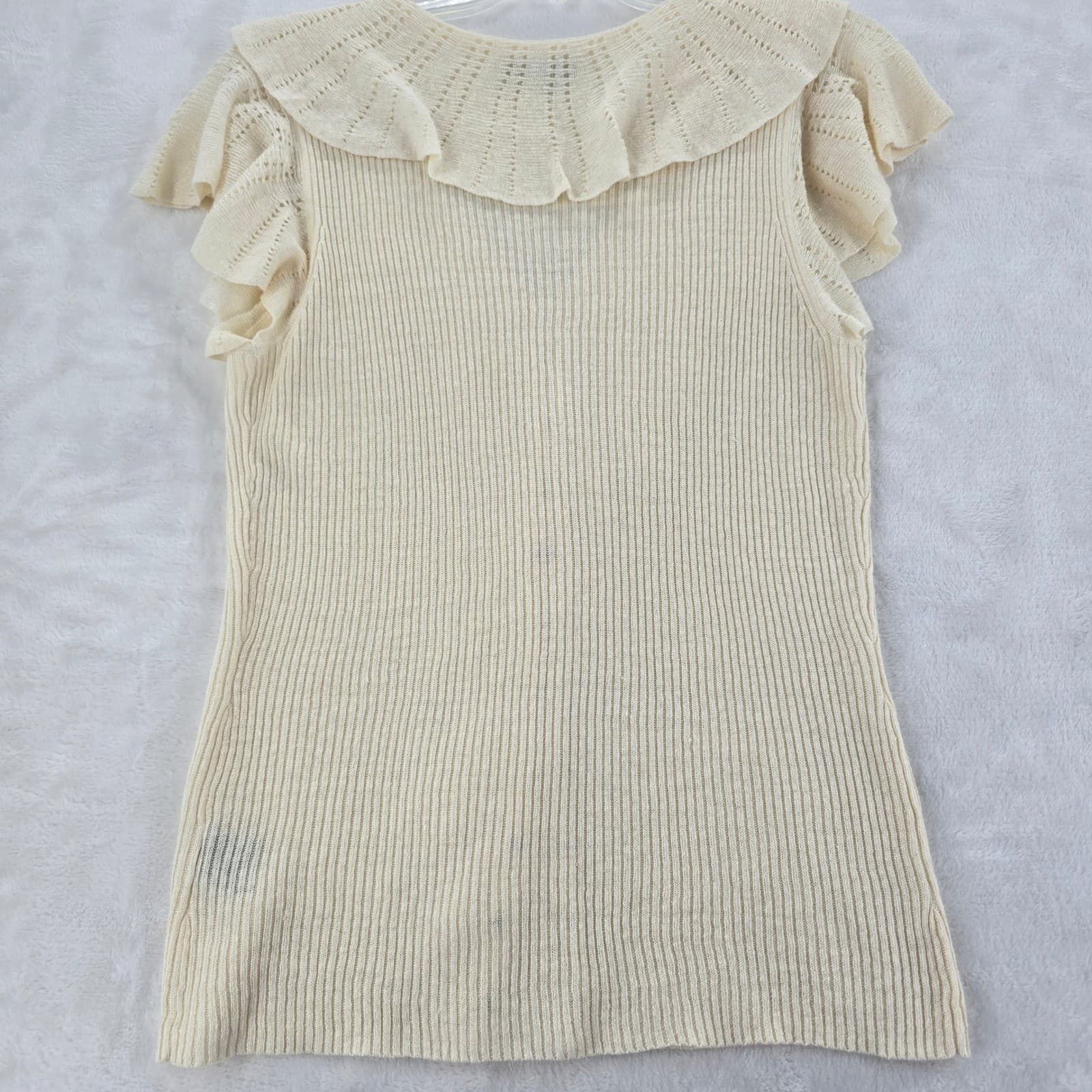 Lauren Ralph Lauren Top Womens M Shirt Cream Ruffle V-Neck 100% Linen Ribbed A2 - Thumbnail 6