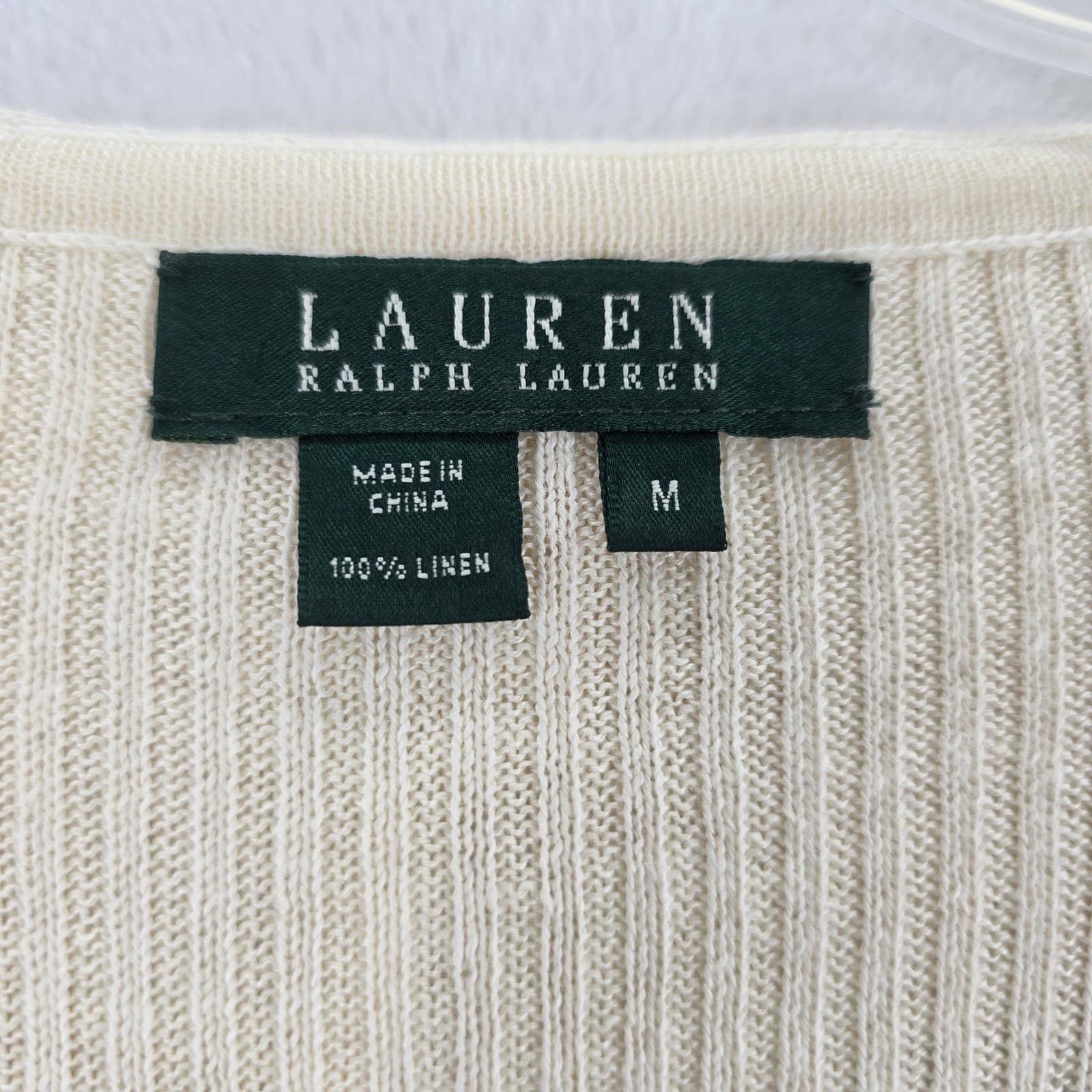 Lauren Ralph Lauren Top Womens M Shirt Cream Ruffle V-Neck 100% Linen Ribbed A2 - Thumbnail 2