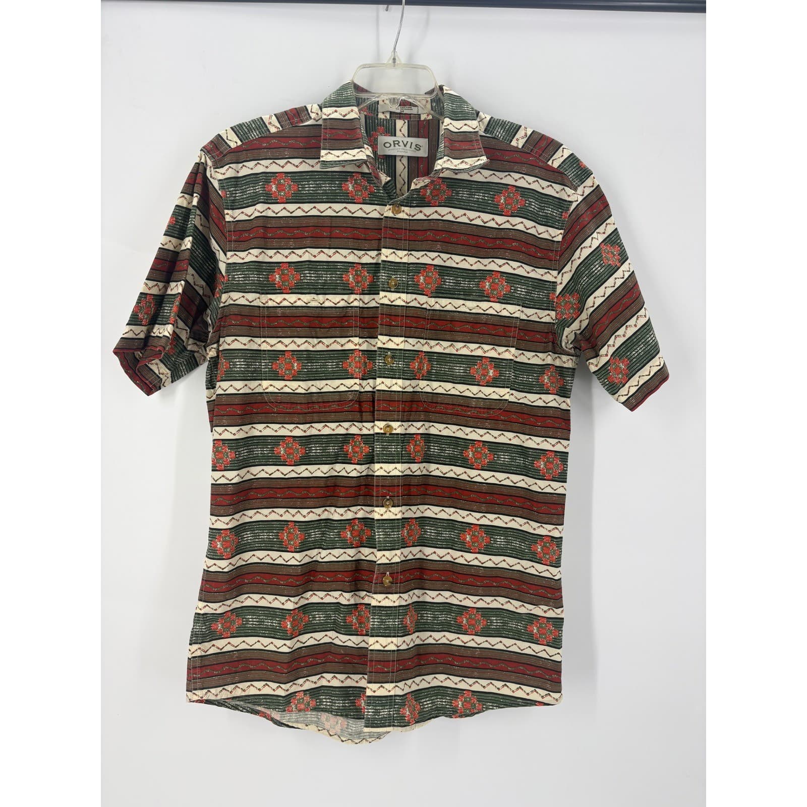 ORVIS Short Sleeve Button Up Men's Shirt Size M Aztec Geometric Stripe Pattern - Thumbnail 2