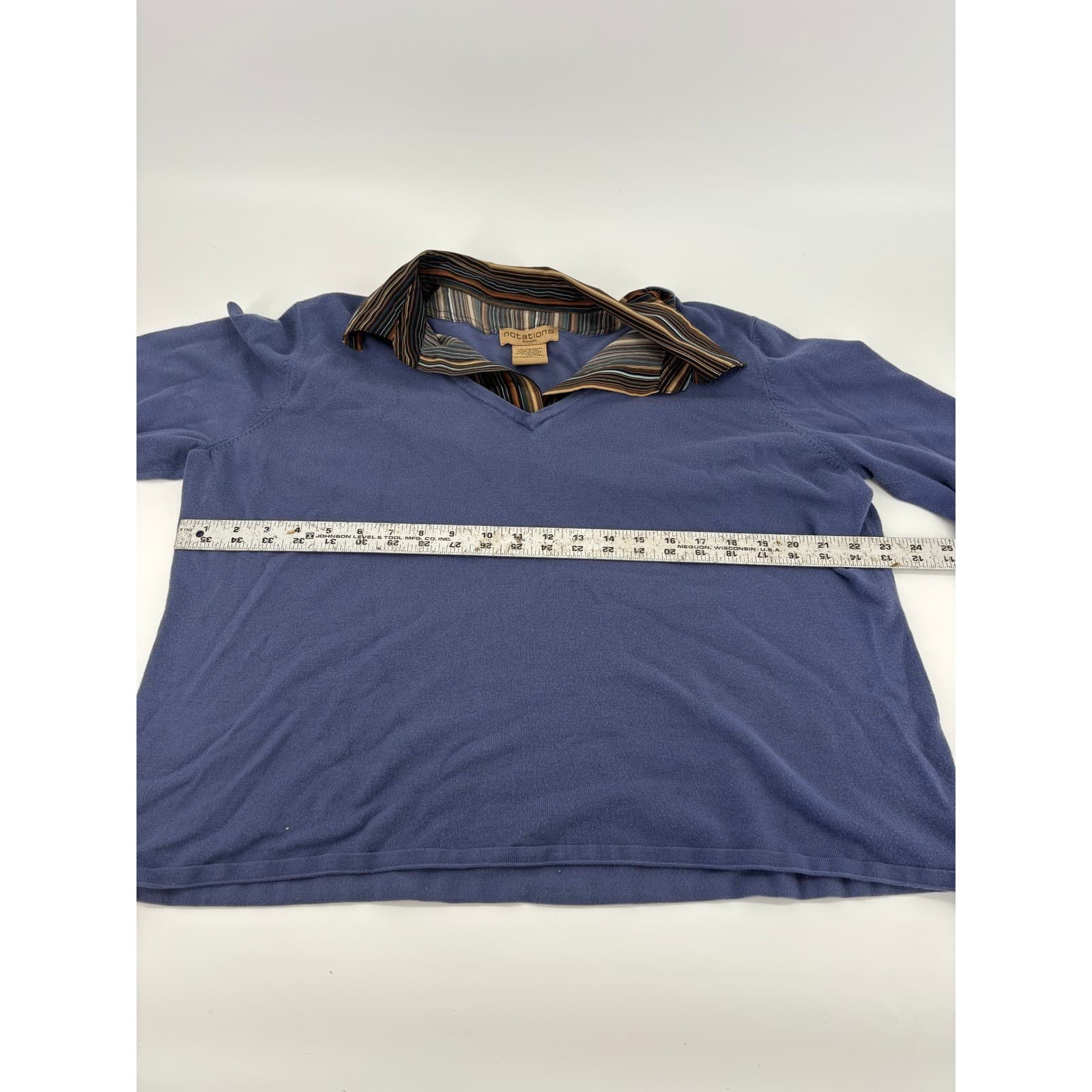 Notations Woman 1X Blue Long Sleeve V-Neck Pullover Sweater Striped Collar - Thumbnail 5